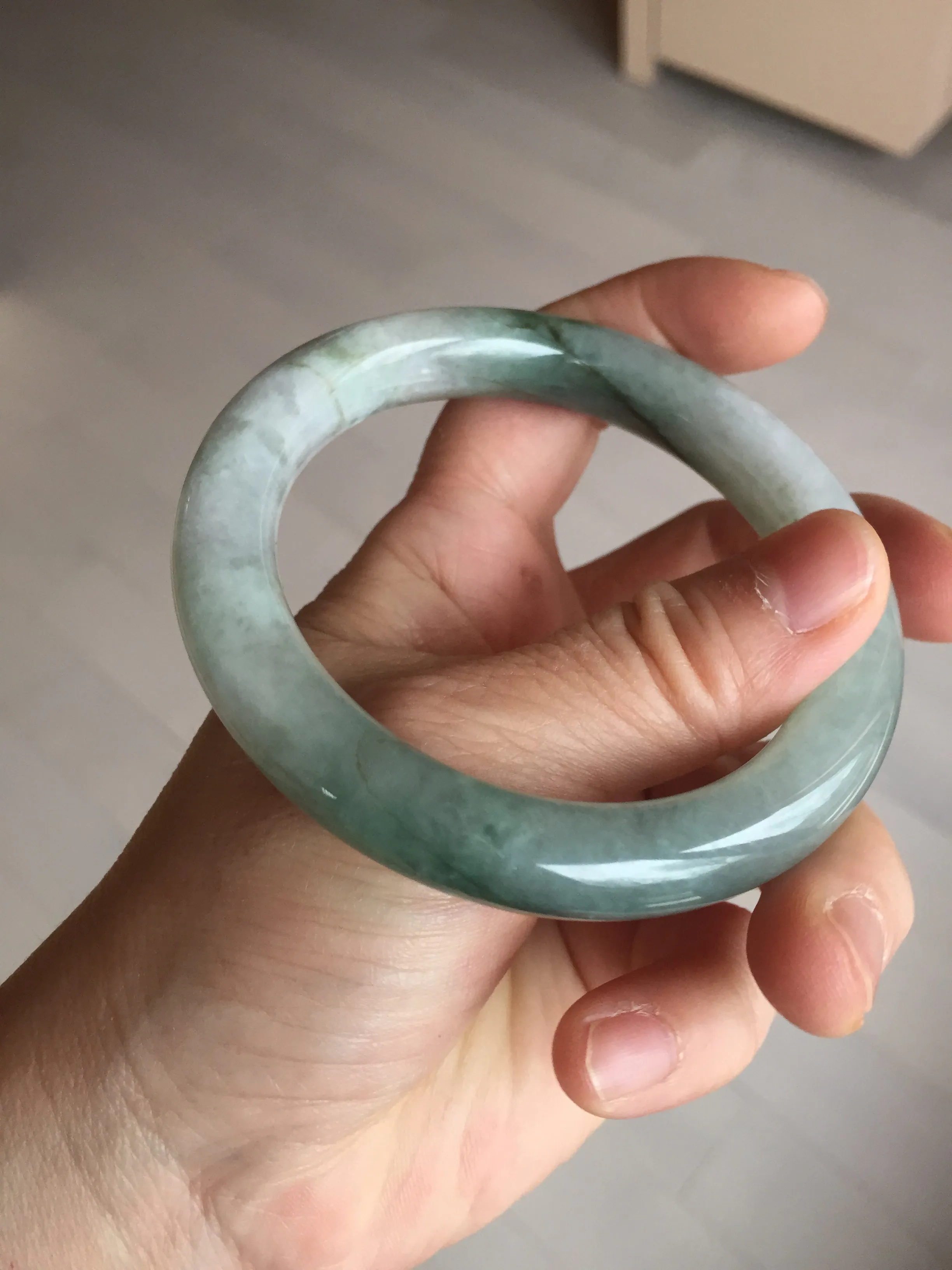 57.5mm certified type A 100% Natural oily light green/white chubby round cut Jadeite Jade bangle BM19-2795