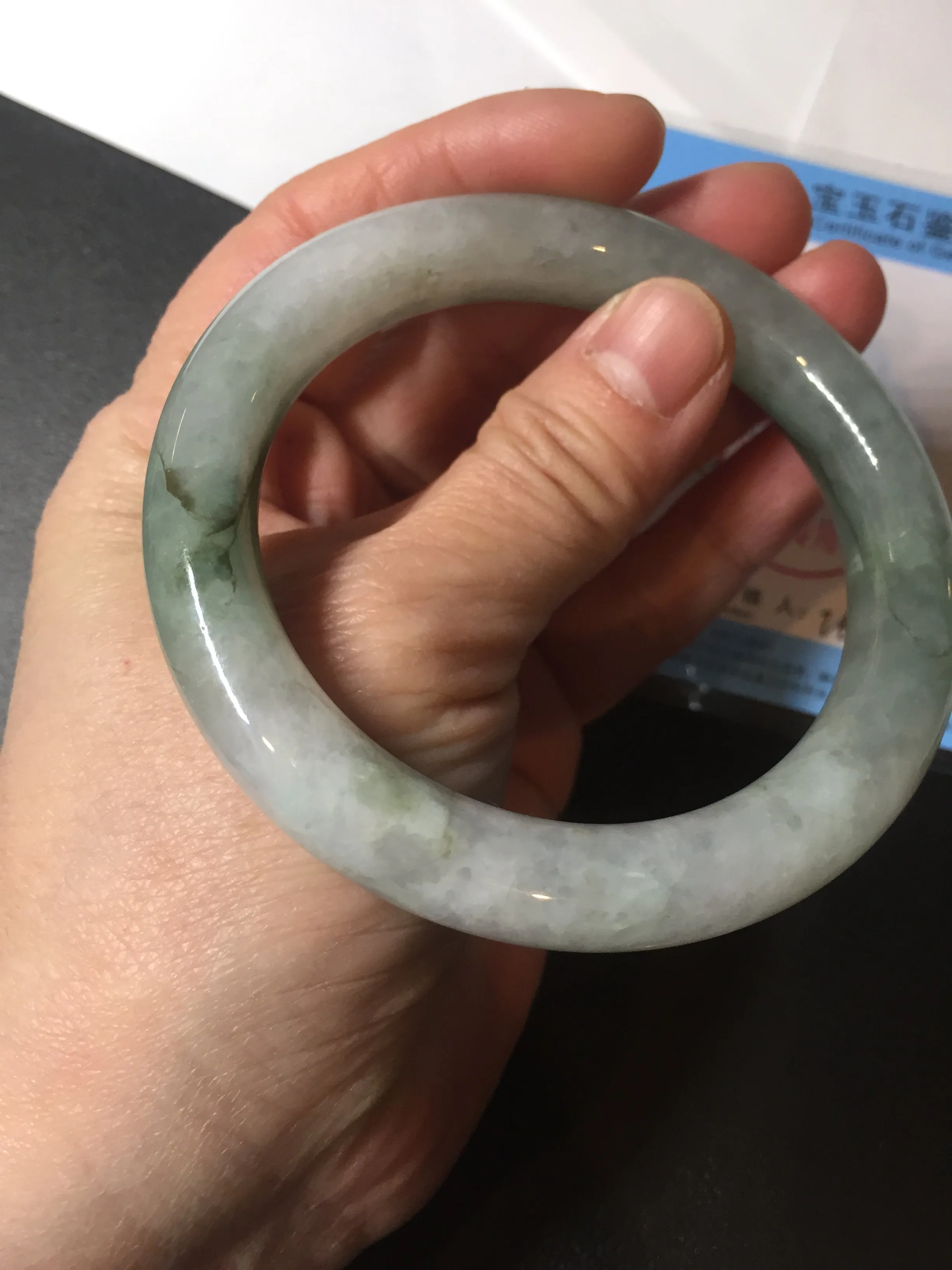 57.5mm certified type A 100% Natural oily light green/white chubby round cut Jadeite Jade bangle BM19-2795