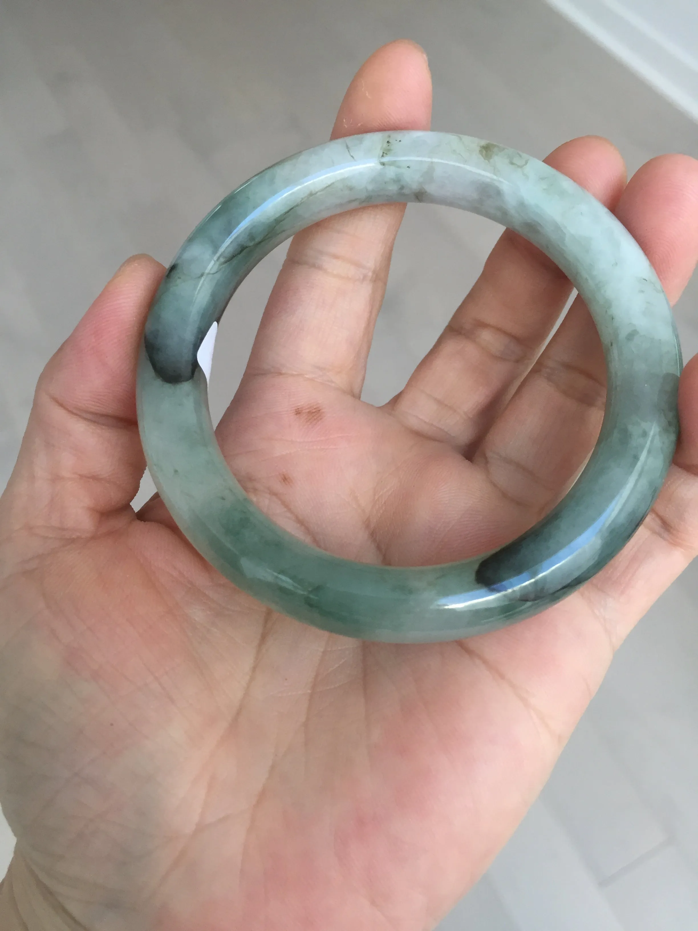 57.5mm certified type A 100% Natural oily light green/white chubby round cut Jadeite Jade bangle BM19-2795