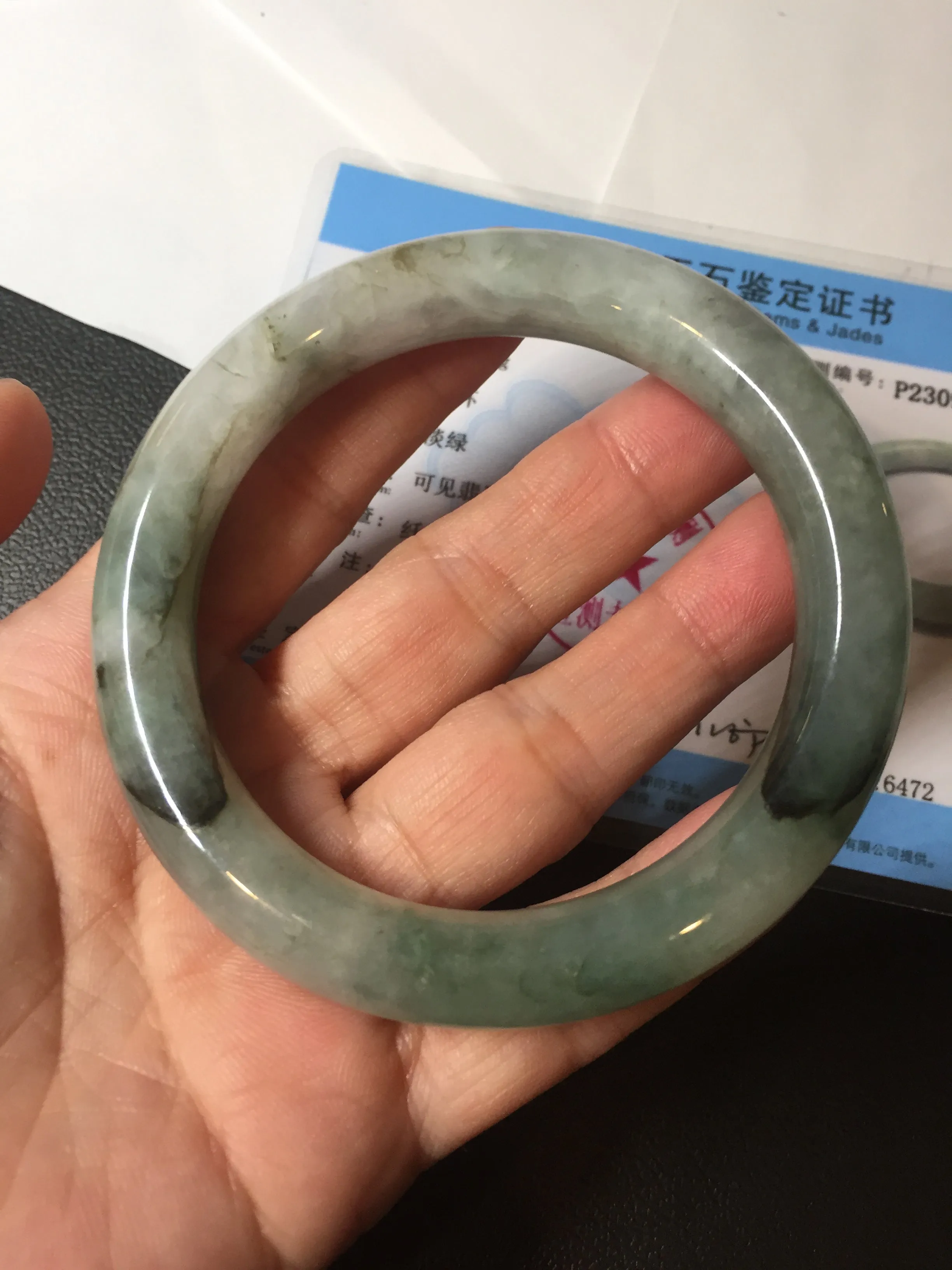 57.5mm certified type A 100% Natural oily light green/white chubby round cut Jadeite Jade bangle BM19-2795