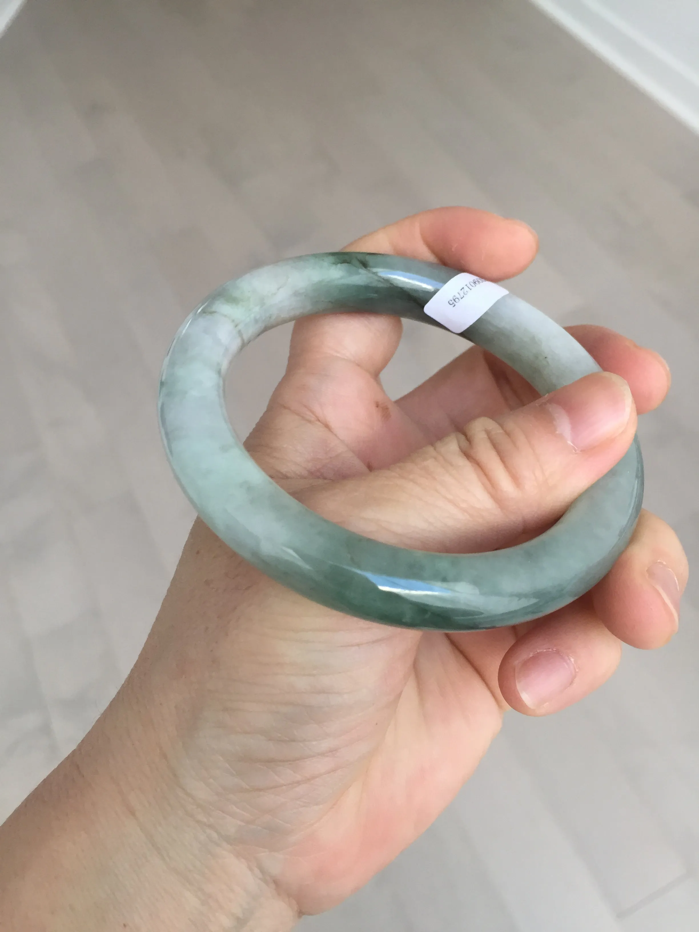 57.5mm certified type A 100% Natural oily light green/white chubby round cut Jadeite Jade bangle BM19-2795