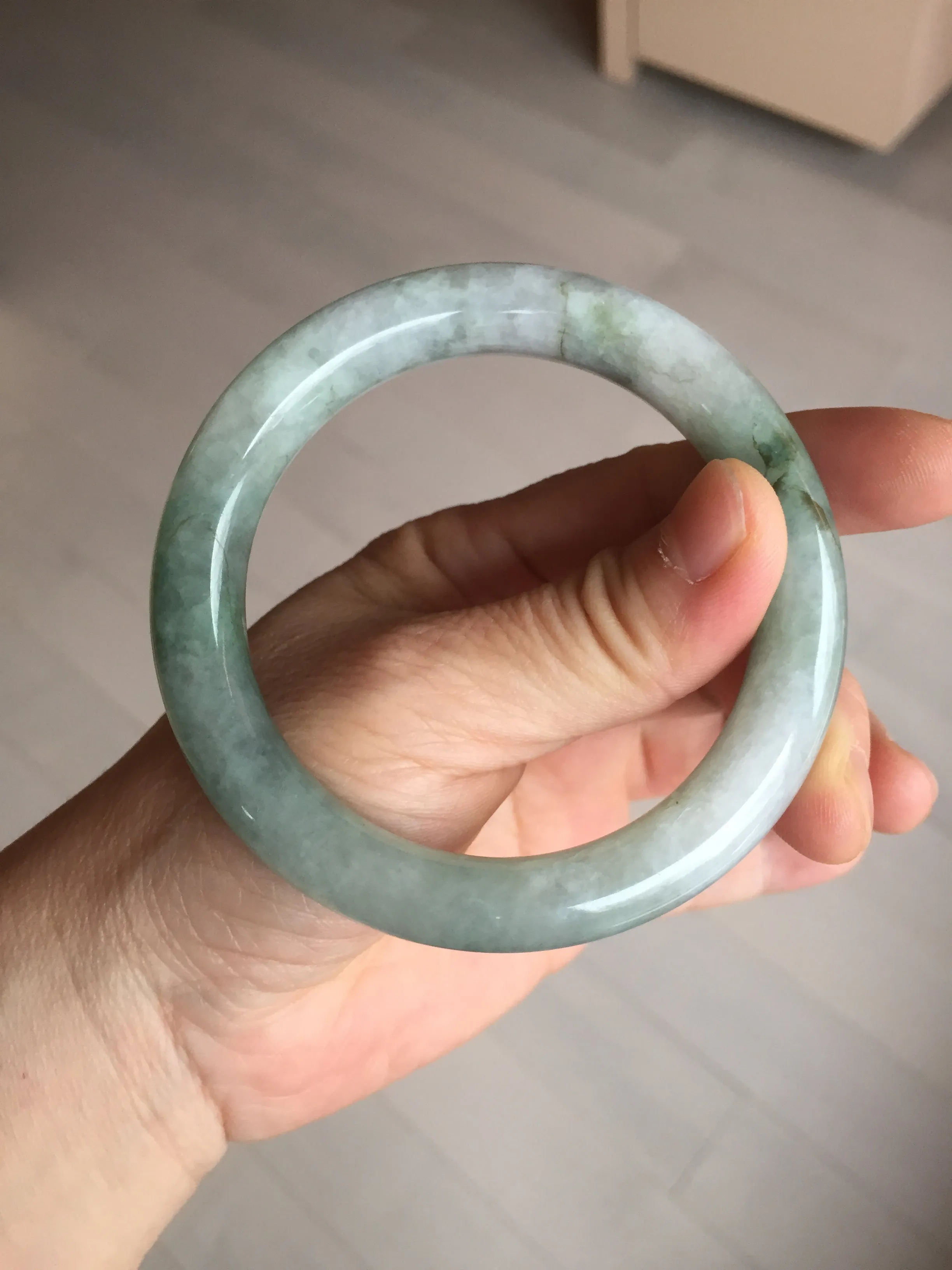 57.5mm certified type A 100% Natural oily light green/white chubby round cut Jadeite Jade bangle BM19-2795