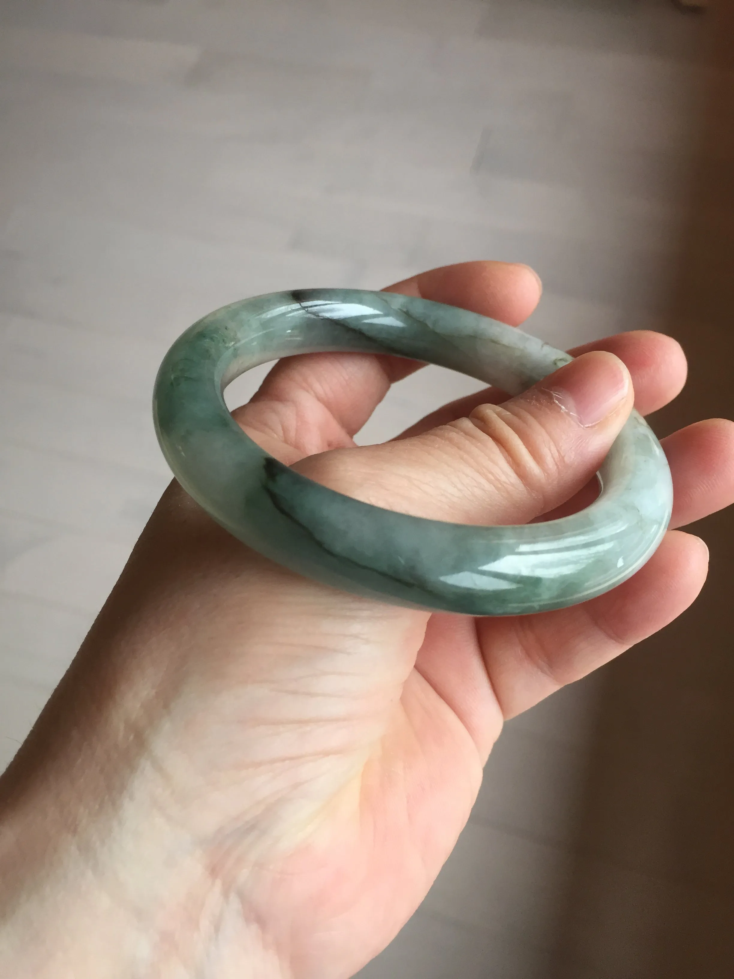 57.5mm certified type A 100% Natural oily light green/white chubby round cut Jadeite Jade bangle BM19-2795