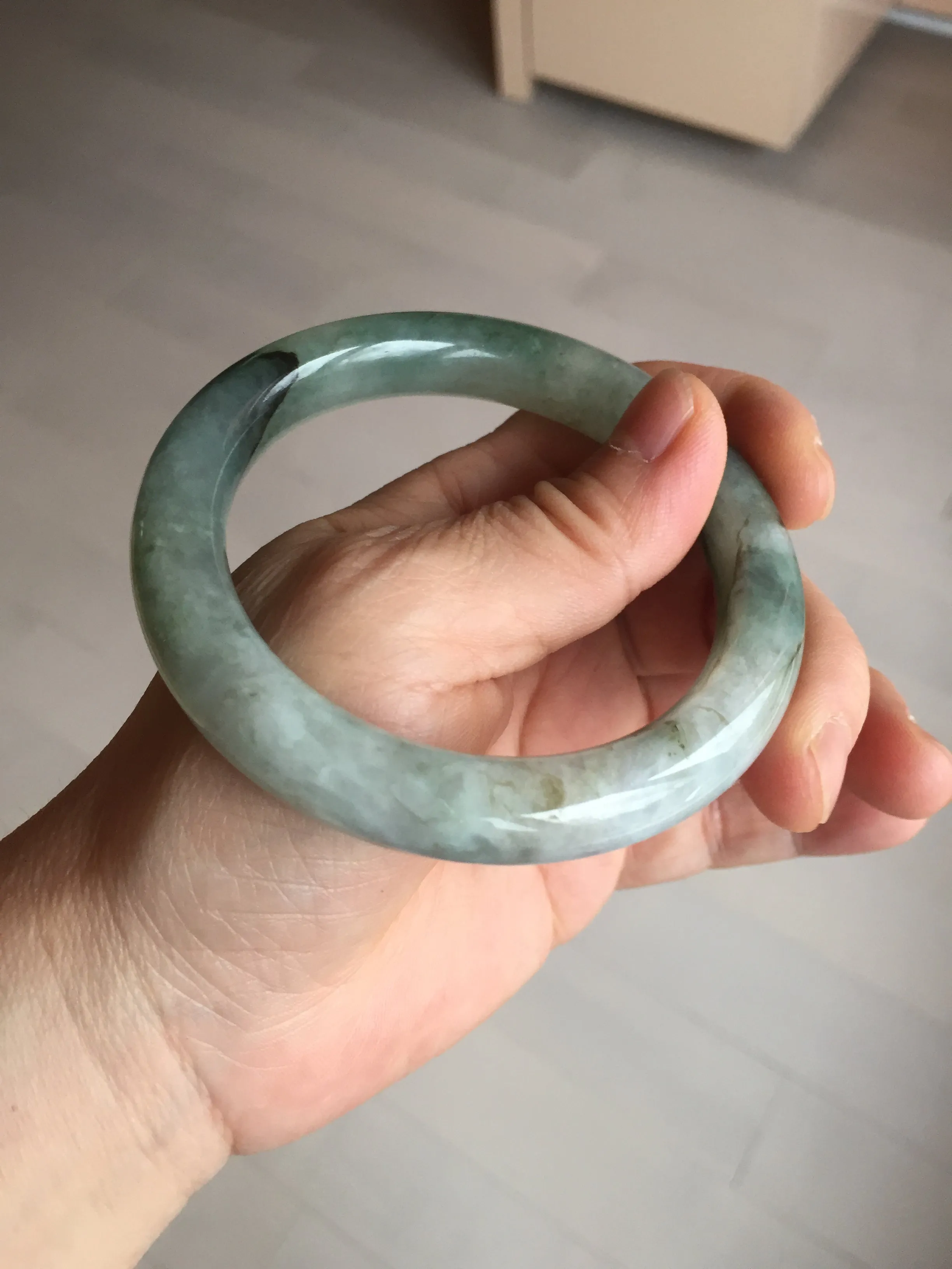 57.5mm certified type A 100% Natural oily light green/white chubby round cut Jadeite Jade bangle BM19-2795