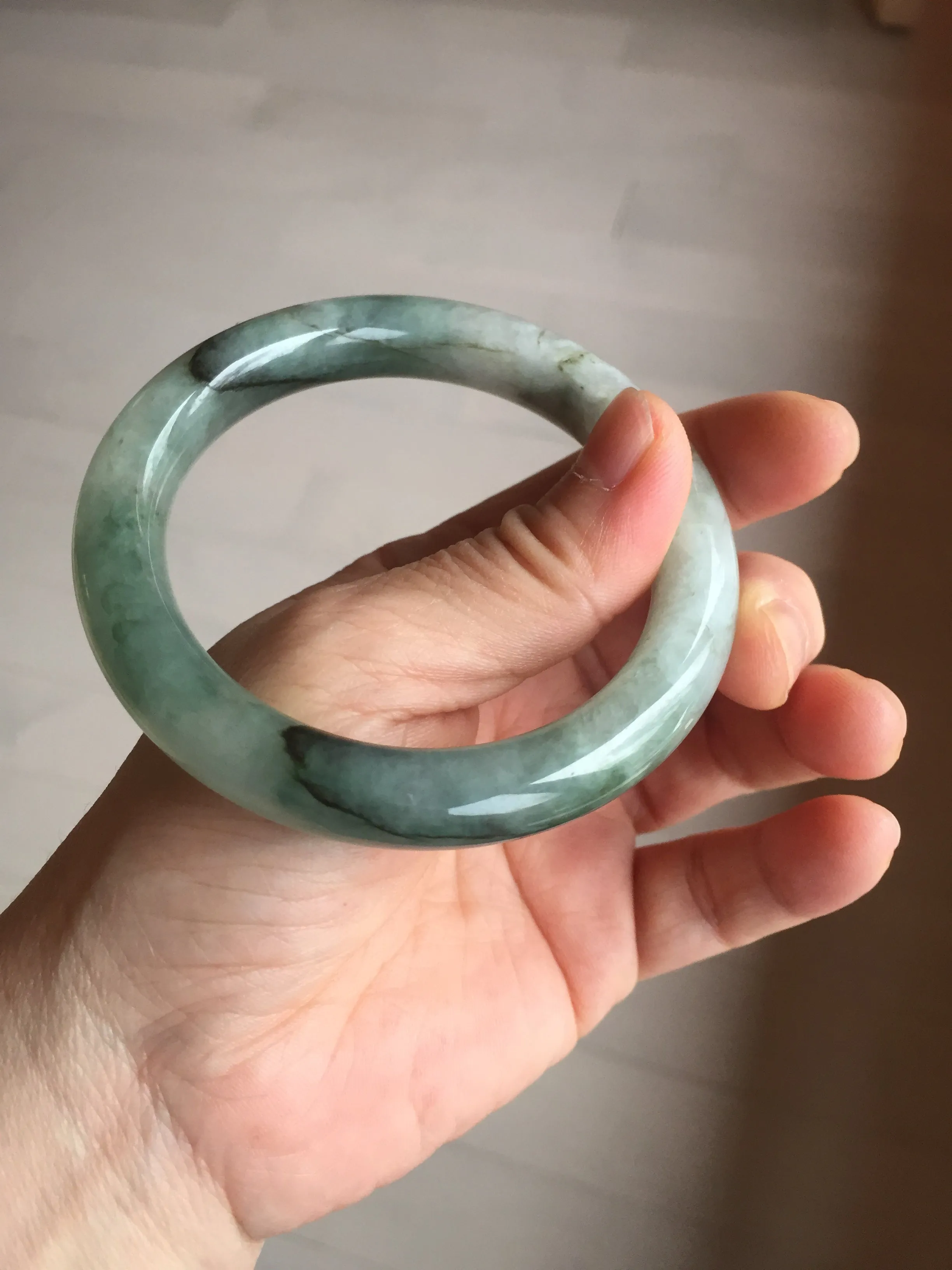 57.5mm certified type A 100% Natural oily light green/white chubby round cut Jadeite Jade bangle BM19-2795