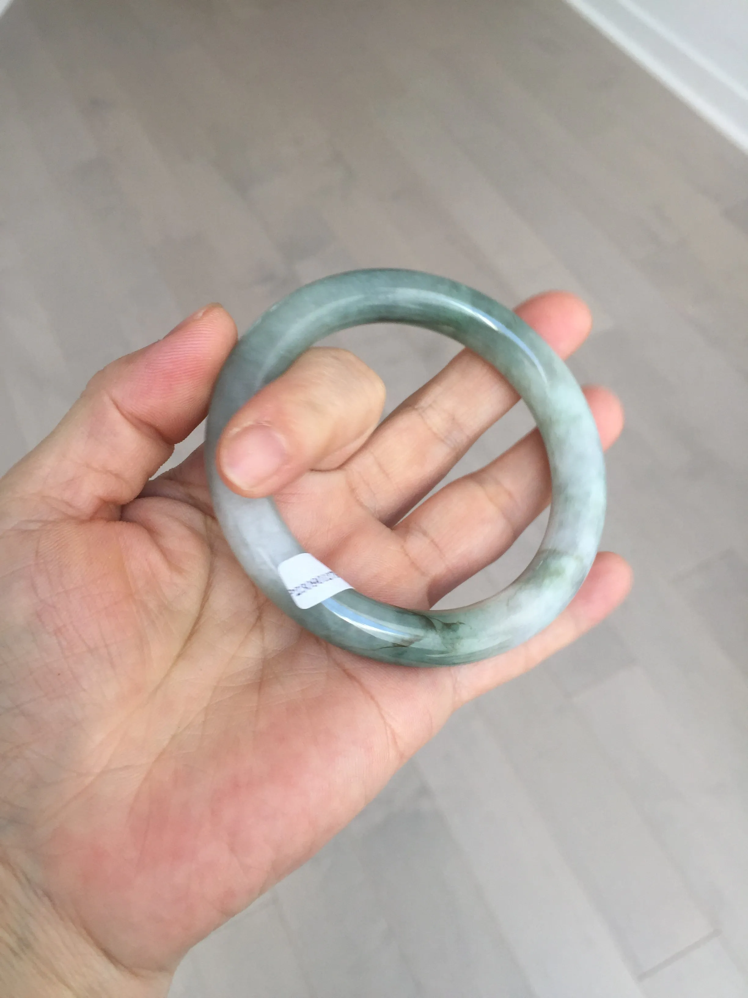 57.5mm certified type A 100% Natural oily light green/white chubby round cut Jadeite Jade bangle BM19-2795