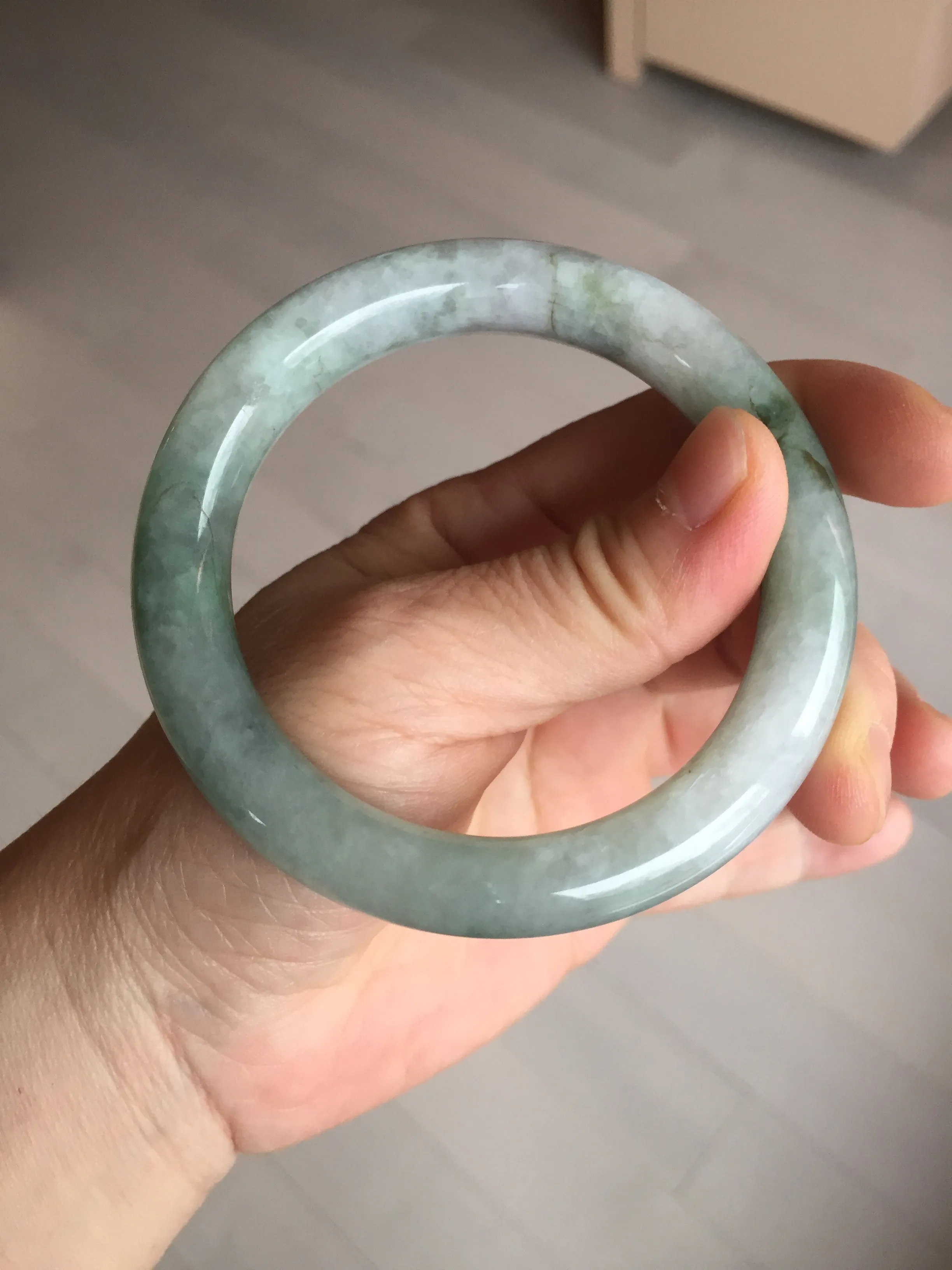 57.5mm certified type A 100% Natural oily light green/white chubby round cut Jadeite Jade bangle BM19-2795