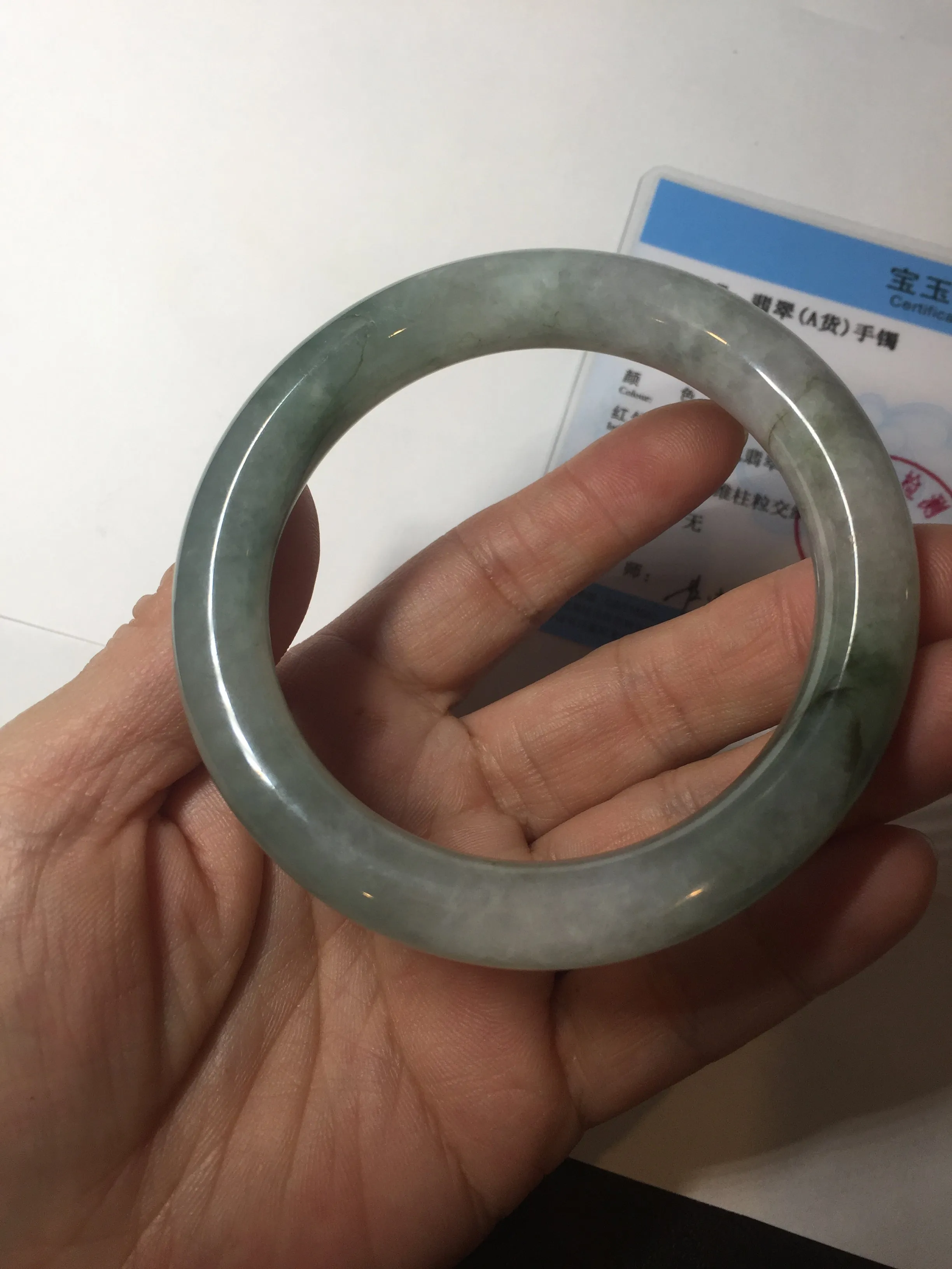 57.5mm certified type A 100% Natural oily light green/white chubby round cut Jadeite Jade bangle BM19-2795