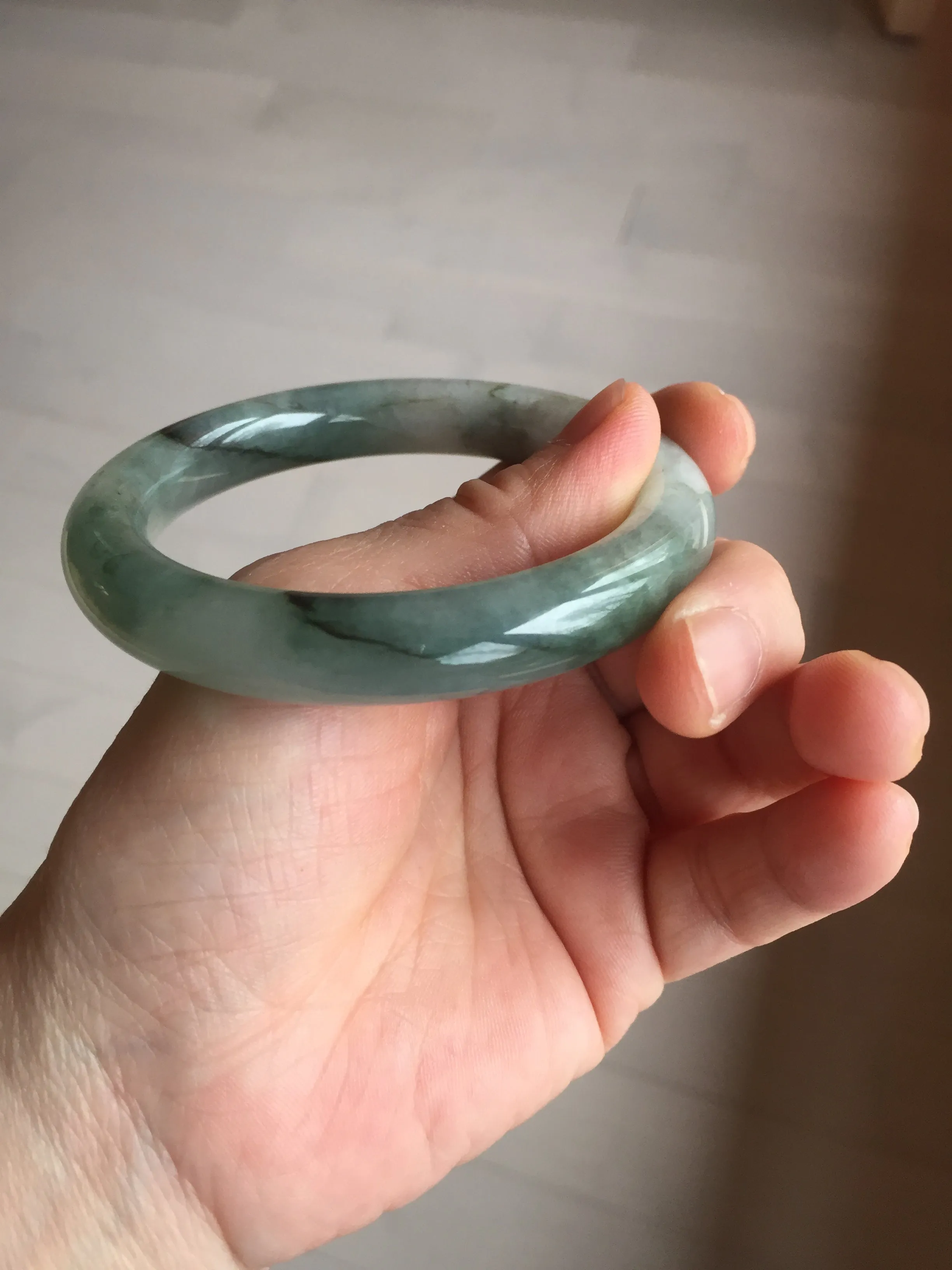 57.5mm certified type A 100% Natural oily light green/white chubby round cut Jadeite Jade bangle BM19-2795