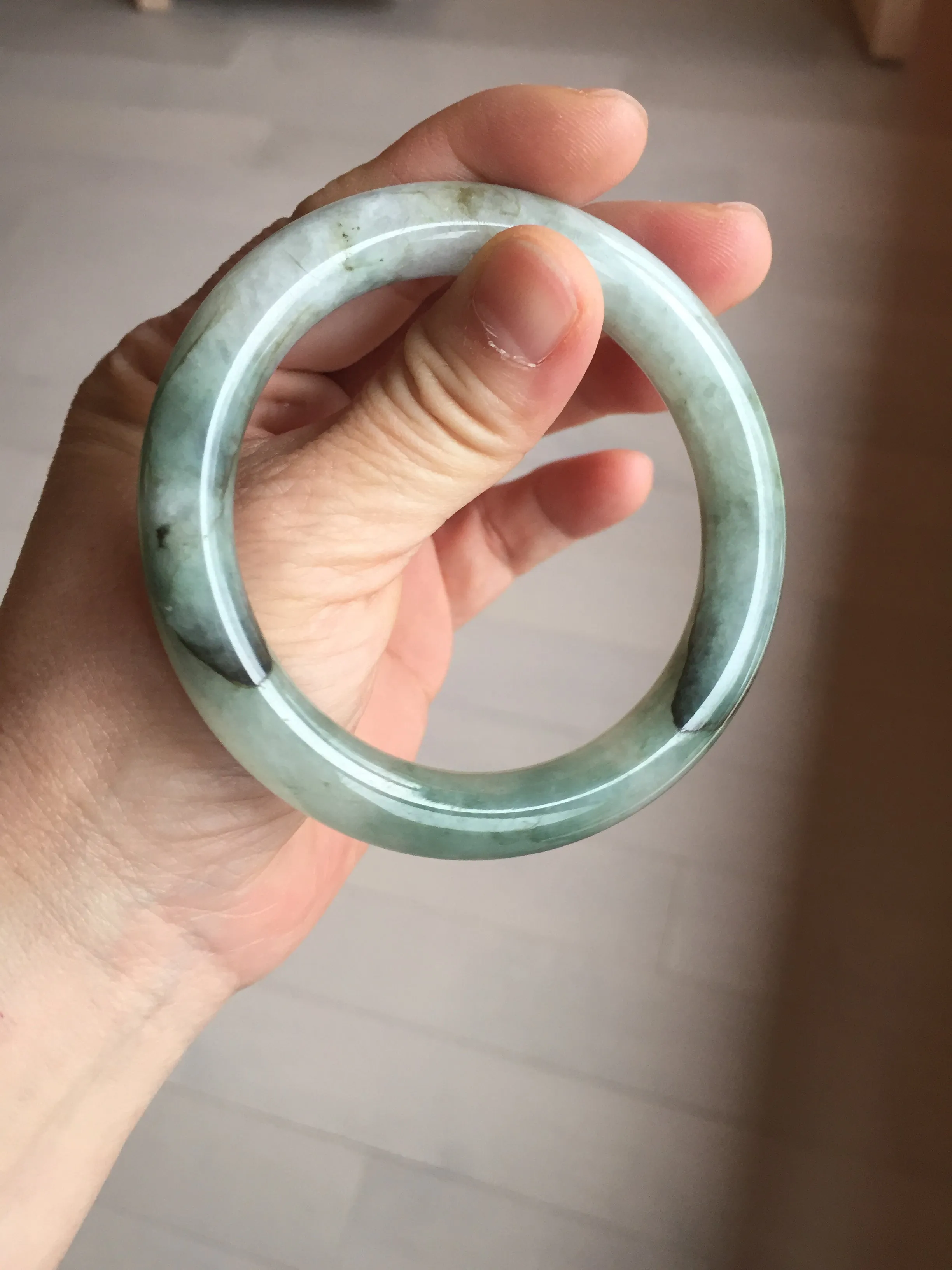 57.5mm certified type A 100% Natural oily light green/white chubby round cut Jadeite Jade bangle BM19-2795