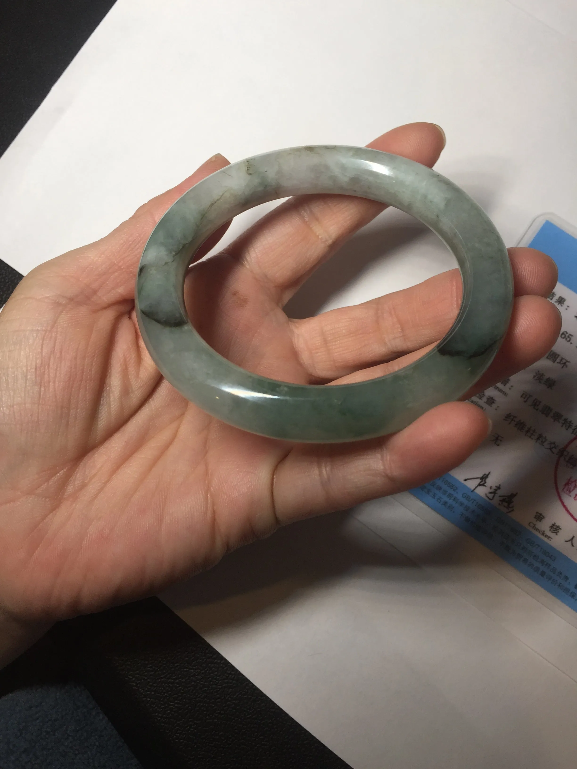 57.5mm certified type A 100% Natural oily light green/white chubby round cut Jadeite Jade bangle BM19-2795