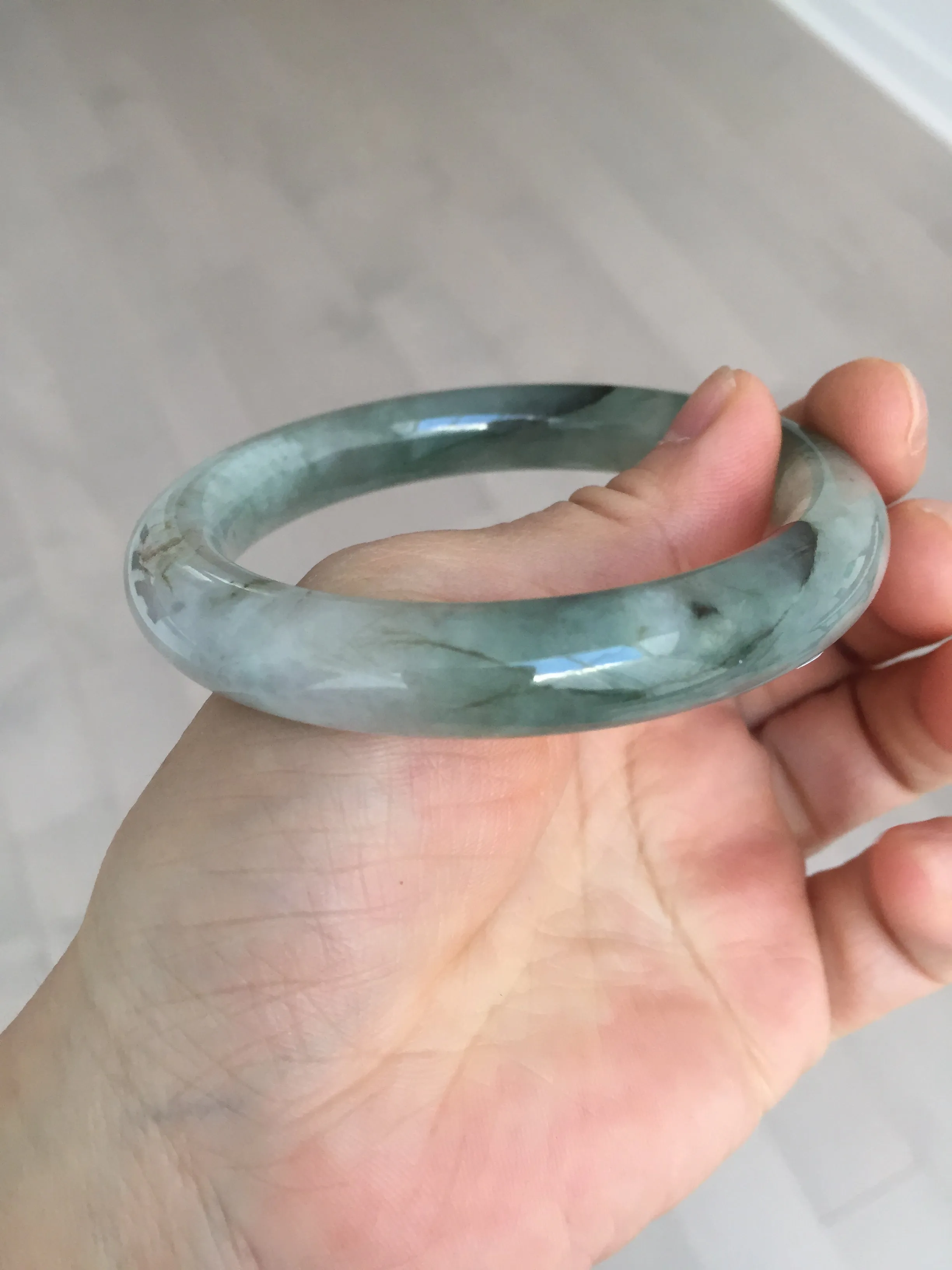 57.5mm certified type A 100% Natural oily light green/white chubby round cut Jadeite Jade bangle BM19-2795