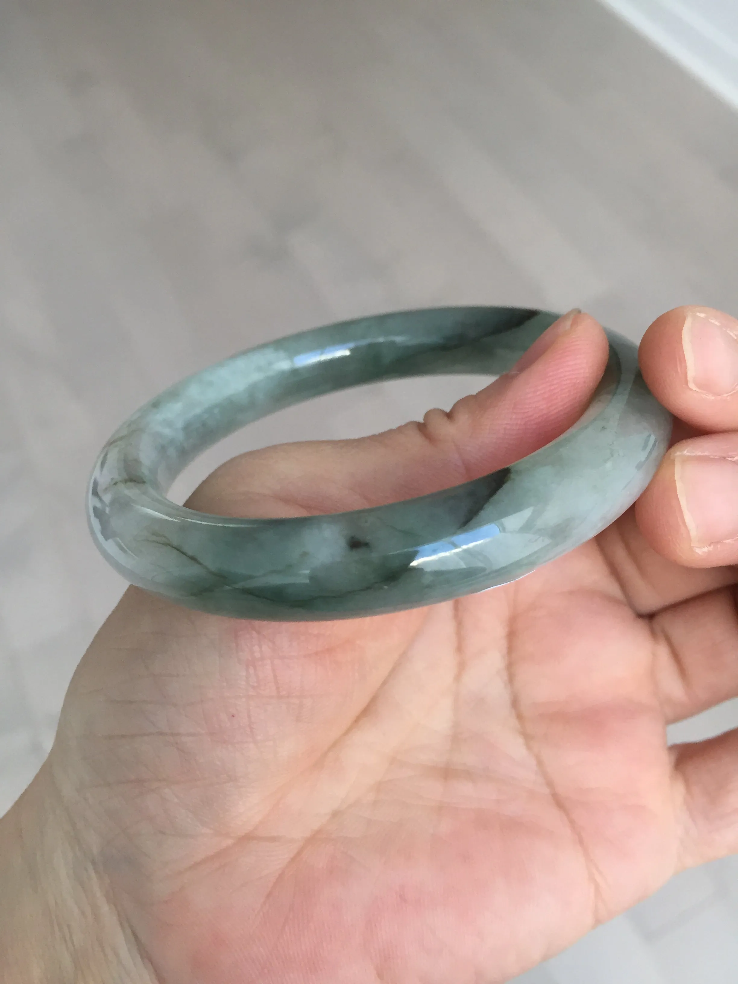 57.5mm certified type A 100% Natural oily light green/white chubby round cut Jadeite Jade bangle BM19-2795