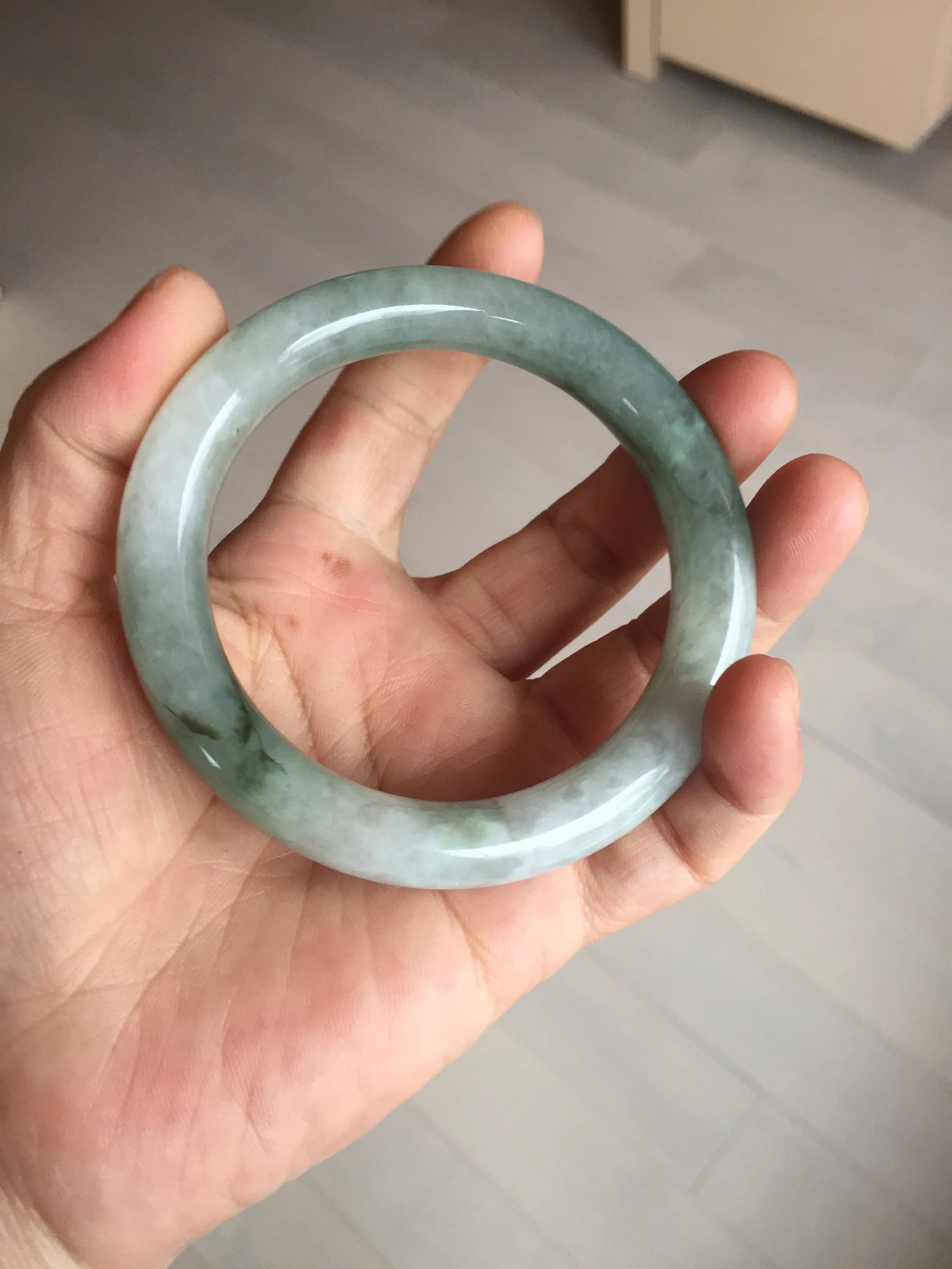 57.5mm certified type A 100% Natural oily light green/white chubby round cut Jadeite Jade bangle BM19-2795