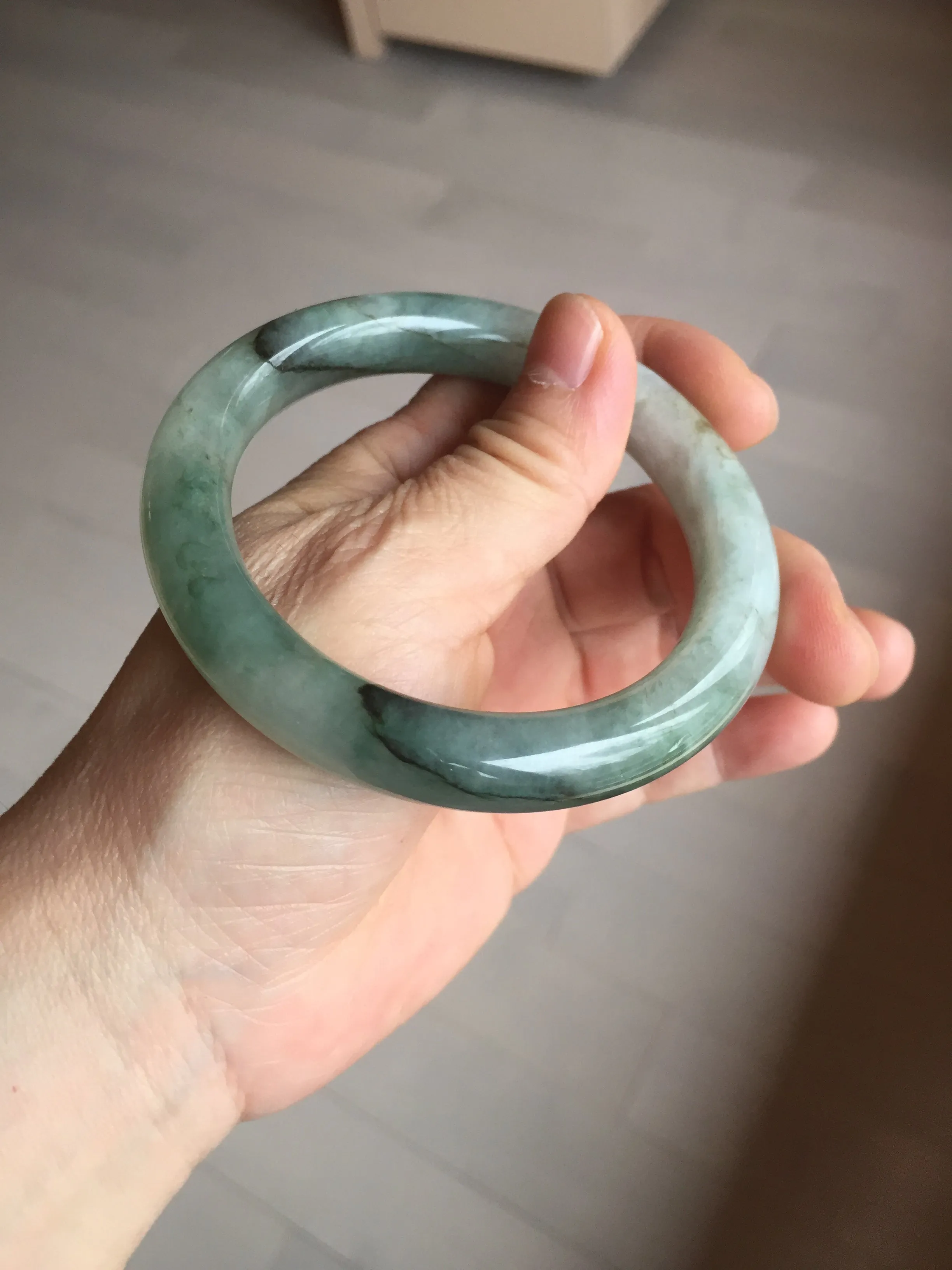 57.5mm certified type A 100% Natural oily light green/white chubby round cut Jadeite Jade bangle BM19-2795