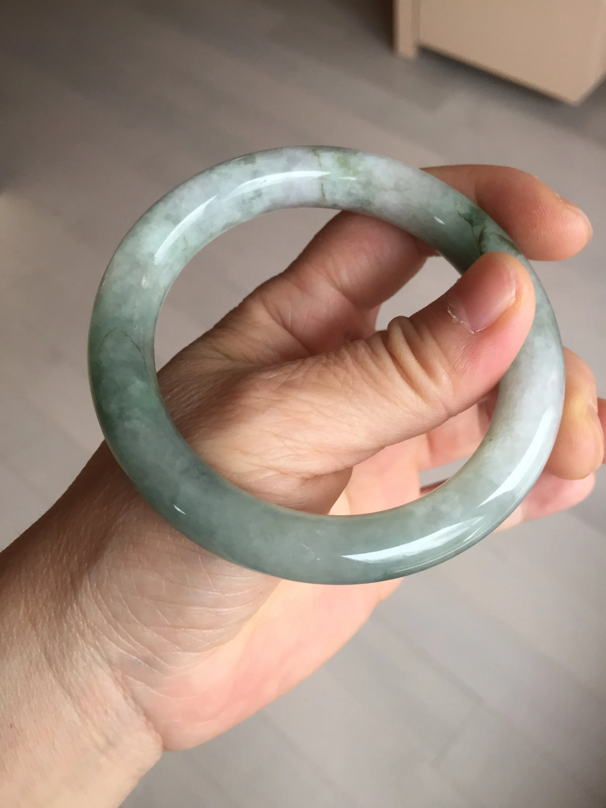 57.5mm certified type A 100% Natural oily light green/white chubby round cut Jadeite Jade bangle BM19-2795