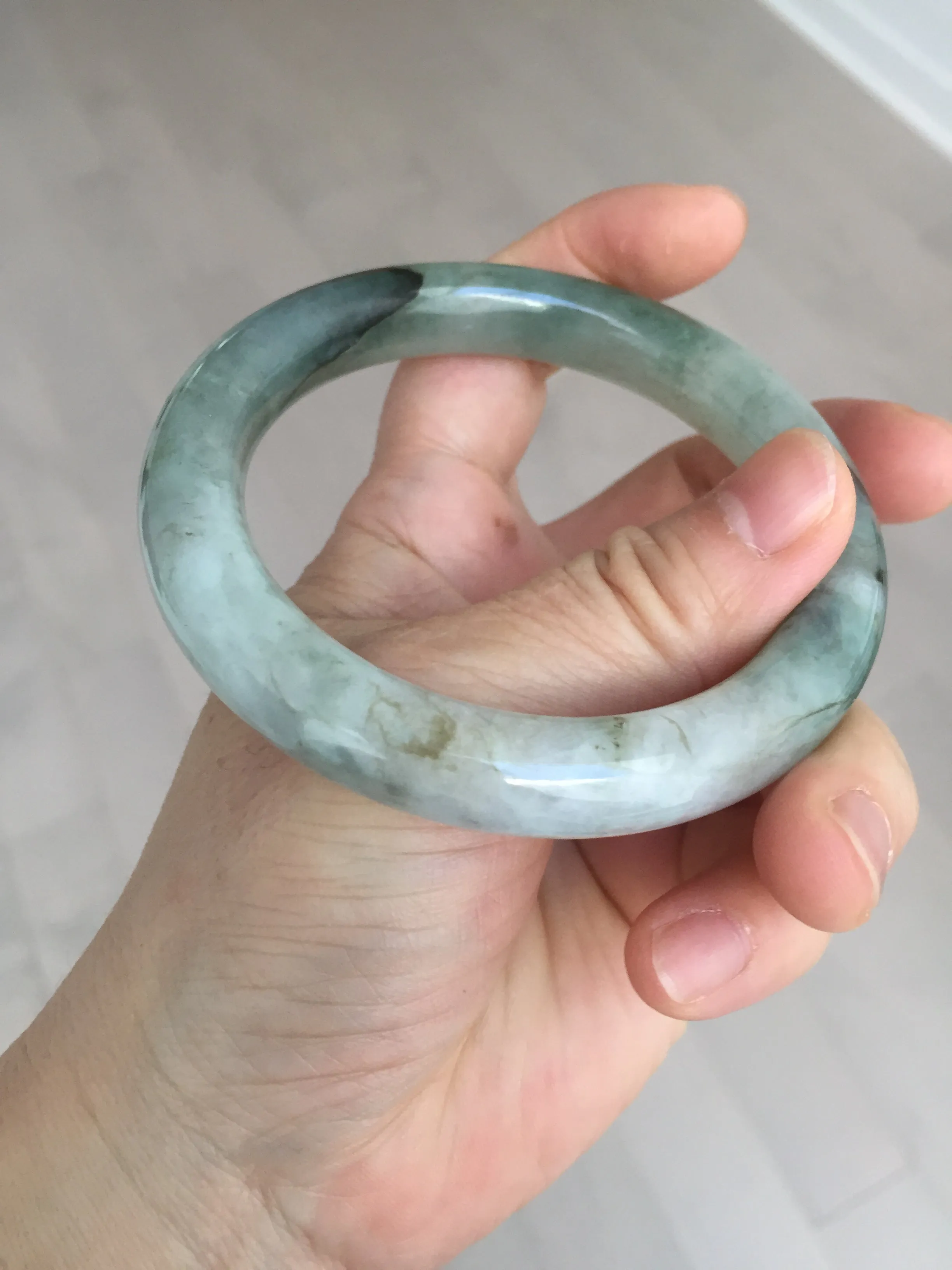 57.5mm certified type A 100% Natural oily light green/white chubby round cut Jadeite Jade bangle BM19-2795