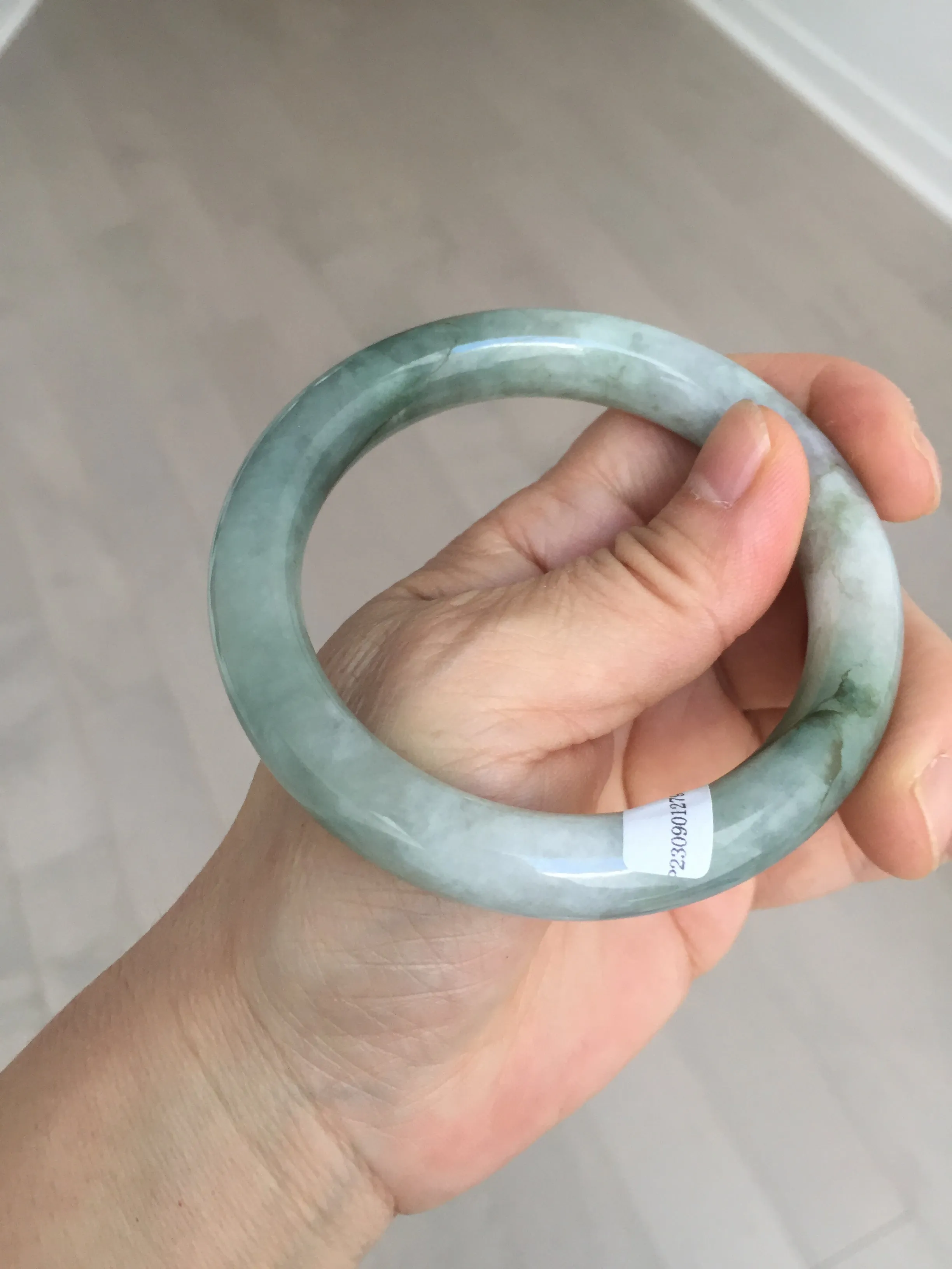 57.5mm certified type A 100% Natural oily light green/white chubby round cut Jadeite Jade bangle BM19-2795