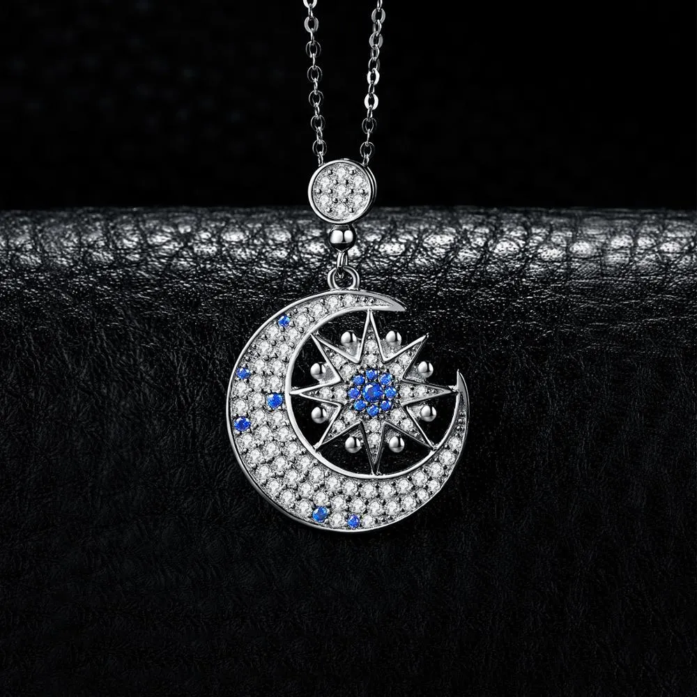 925 Sterling Silver Crystal Moon and Star Pendant Necklace