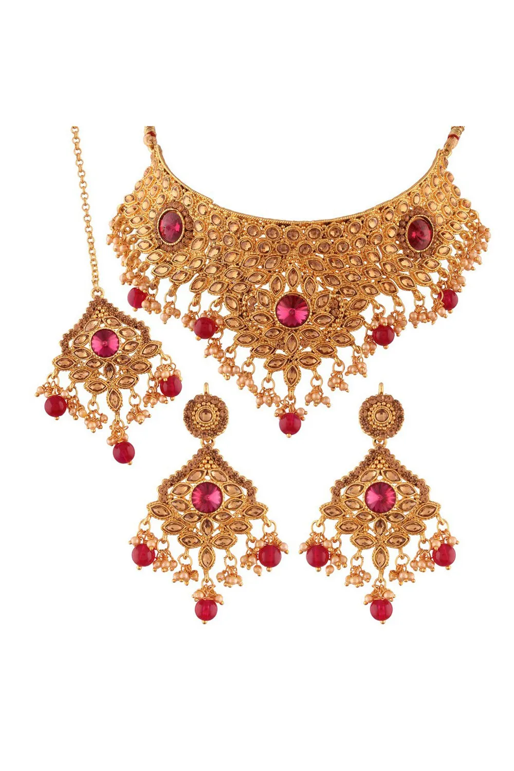 Alloy Choker Necklace Set with Maang Tikka in Pink