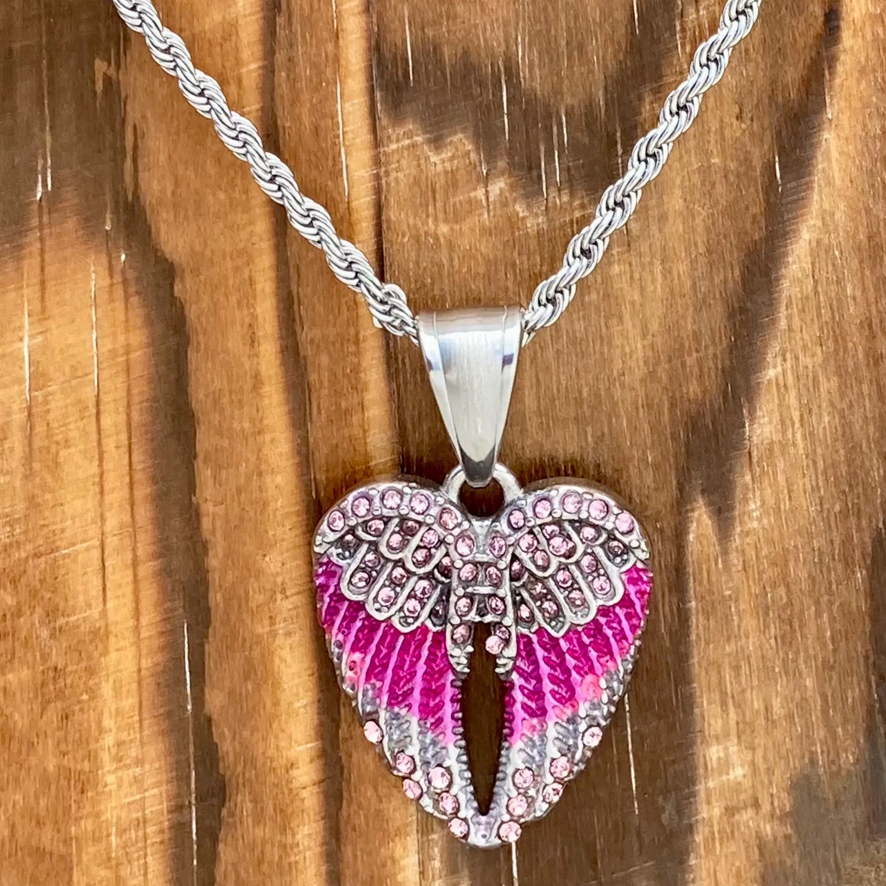 Angel Wing Heart Mini - Pendant - Rope Necklace - Pink Stone - SK2538C