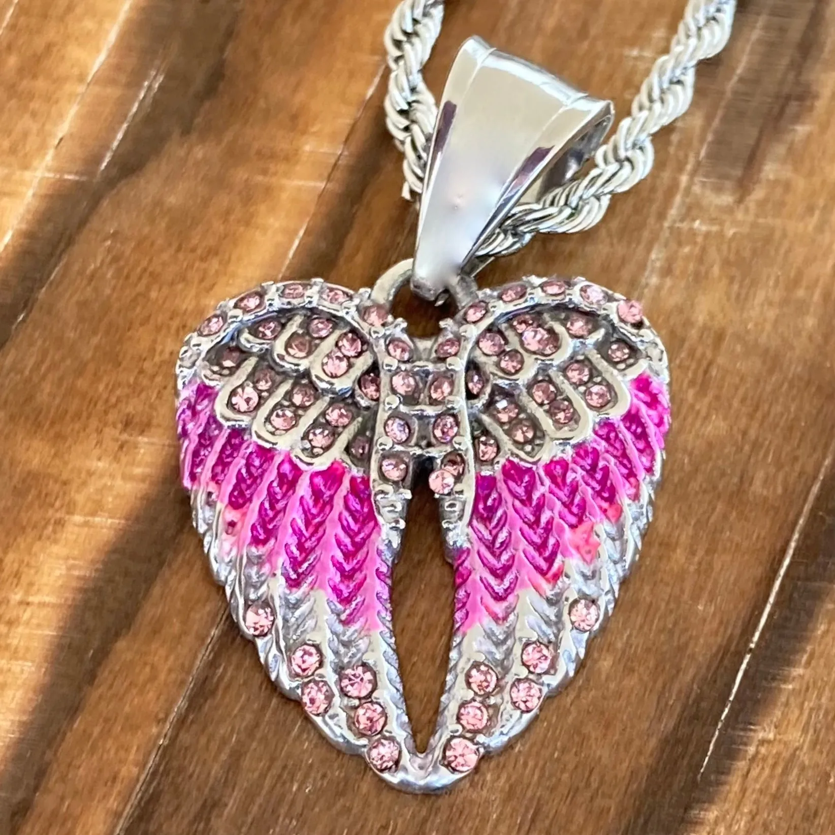 Angel Wing Heart Mini - Pendant - Rope Necklace - Pink Stone - SK2538C