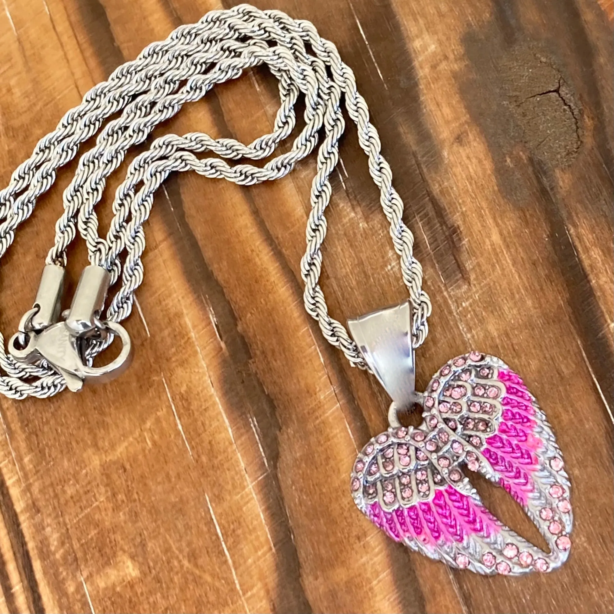 Angel Wing Heart Mini - Pendant - Rope Necklace - Pink Stone - SK2538C