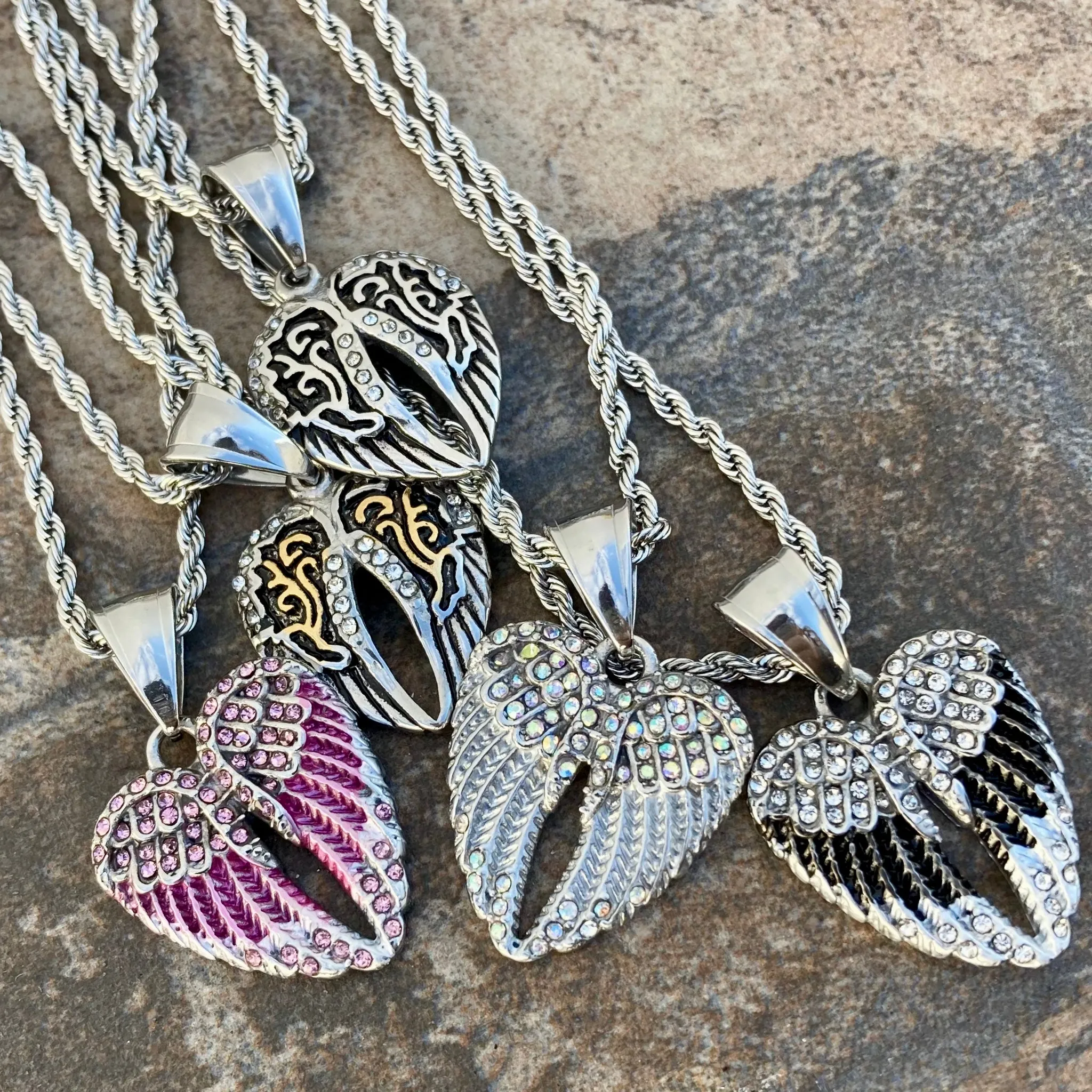 Angel Wing Heart Mini - Pendant - Rope Necklace - Pink Stone - SK2538C