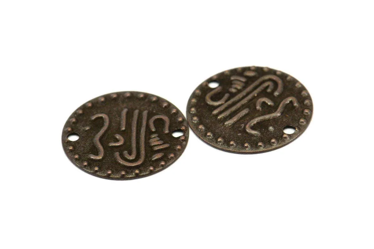 Antique Copper Coin, 20 Antique Copper Tone Brass Round Coin Connectors, Charms, Pendant, Findings (16mm)  K060