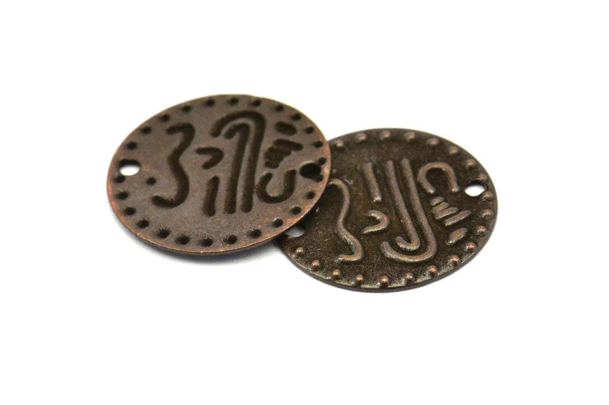 Antique Copper Coin, 20 Antique Copper Tone Brass Round Coin Connectors, Charms, Pendant, Findings (16mm)  K060