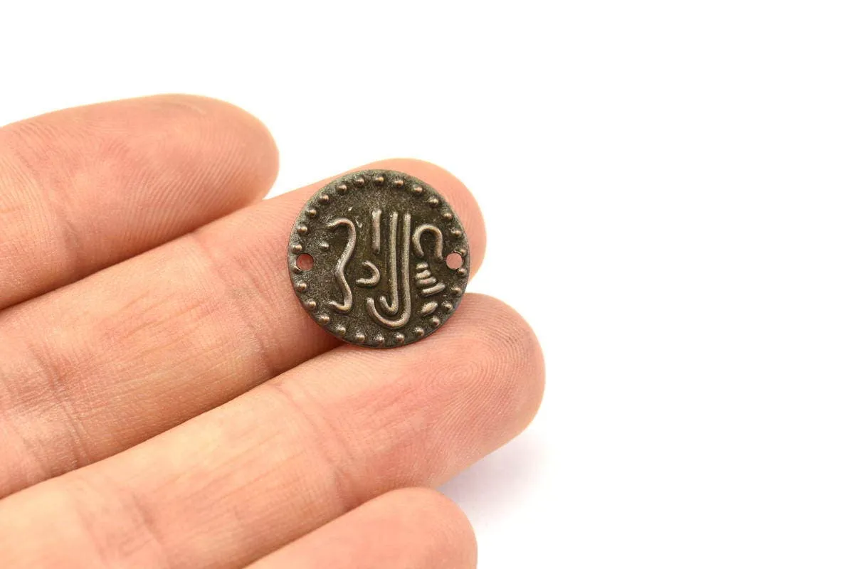 Antique Copper Coin, 20 Antique Copper Tone Brass Round Coin Connectors, Charms, Pendant, Findings (16mm)  K060