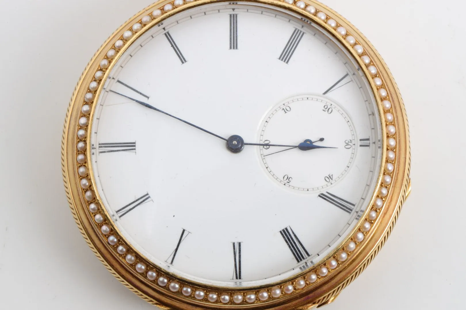 Avance Retard 18k Gold Pocket Watch with Enamel Face Pearl Accents (128.35g.)