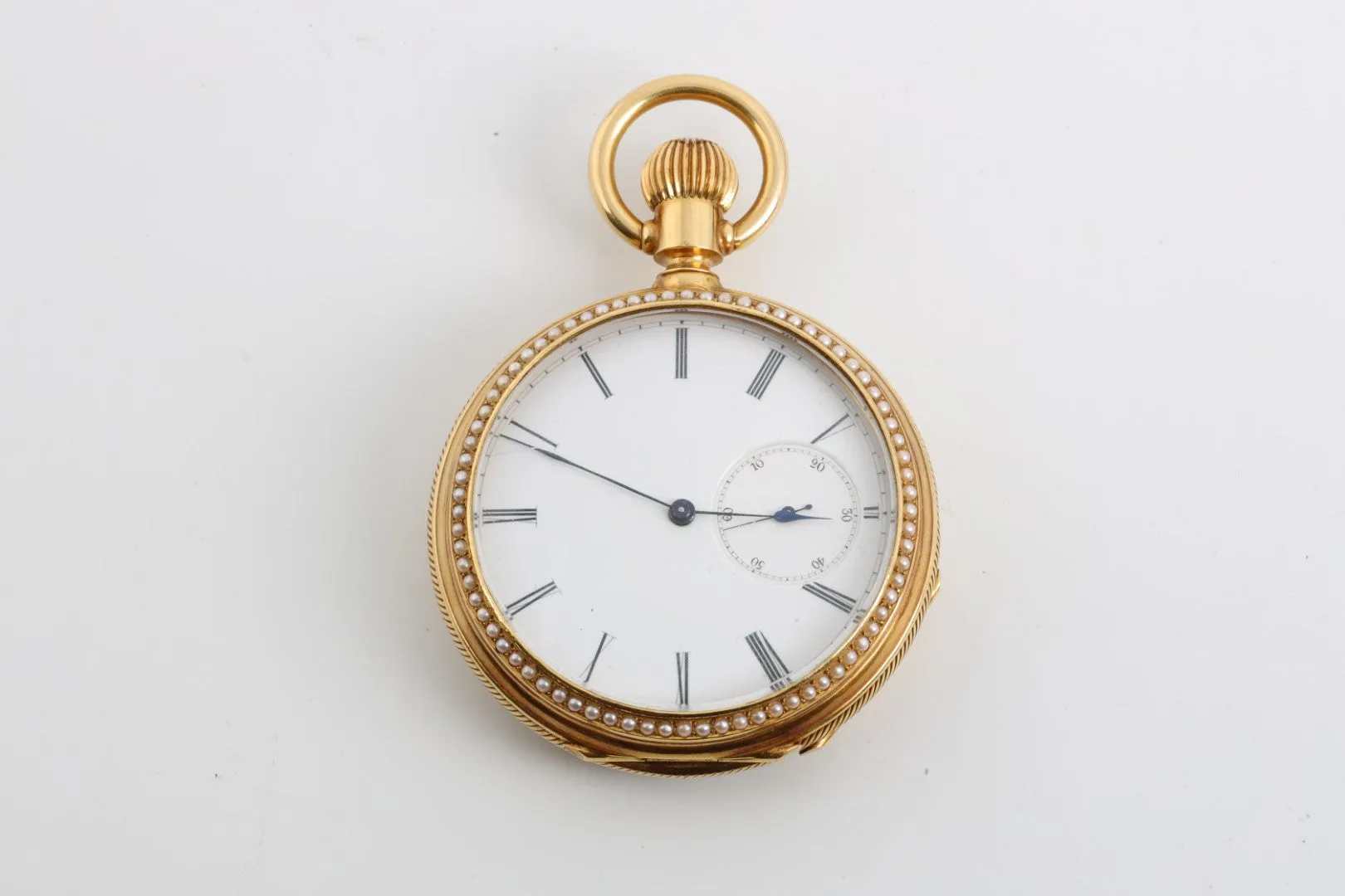 Avance Retard 18k Gold Pocket Watch with Enamel Face Pearl Accents (128.35g.)