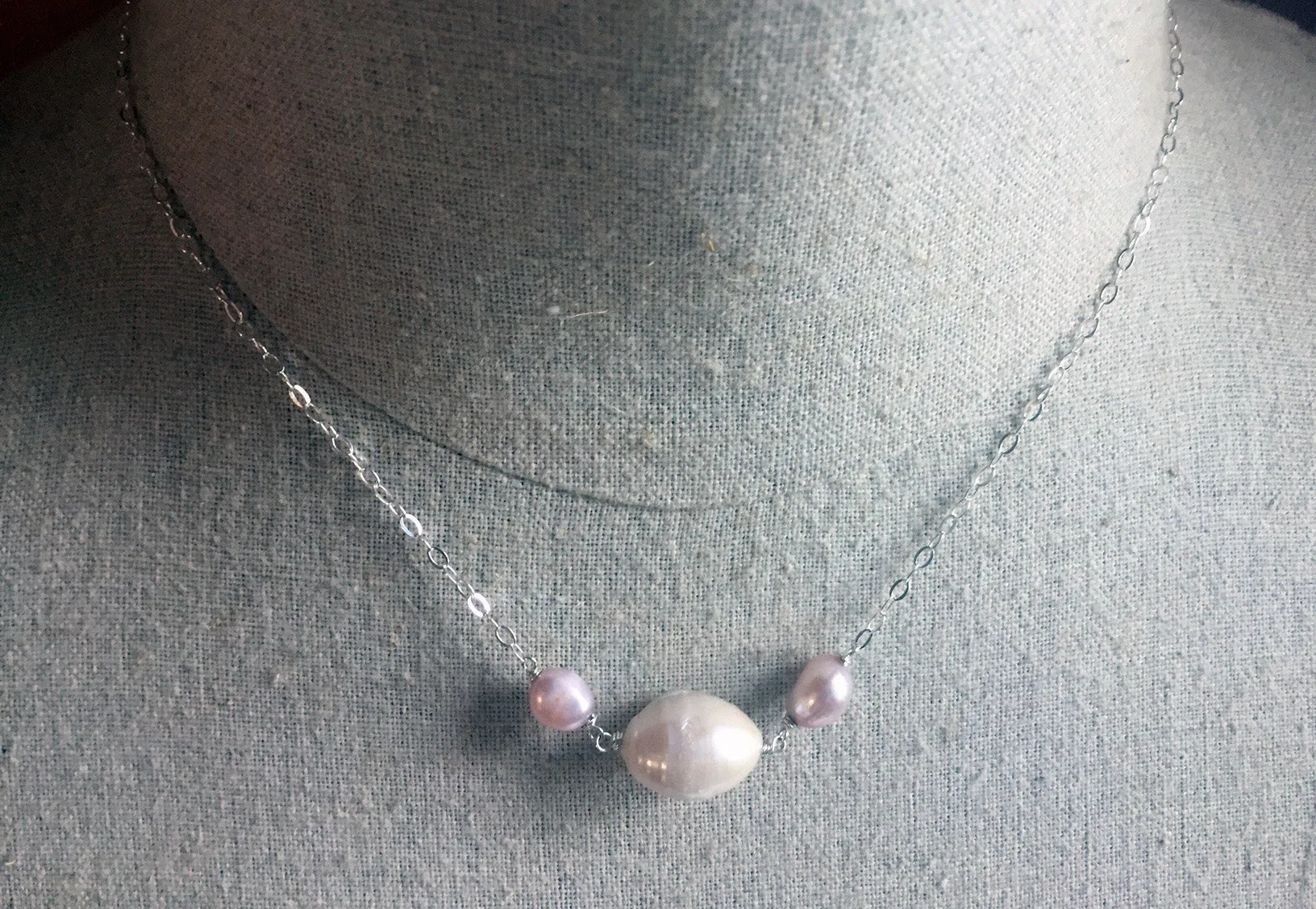 Baroque White and Pink Pearl Necklace, Sterling, Gold, or Rose Gold