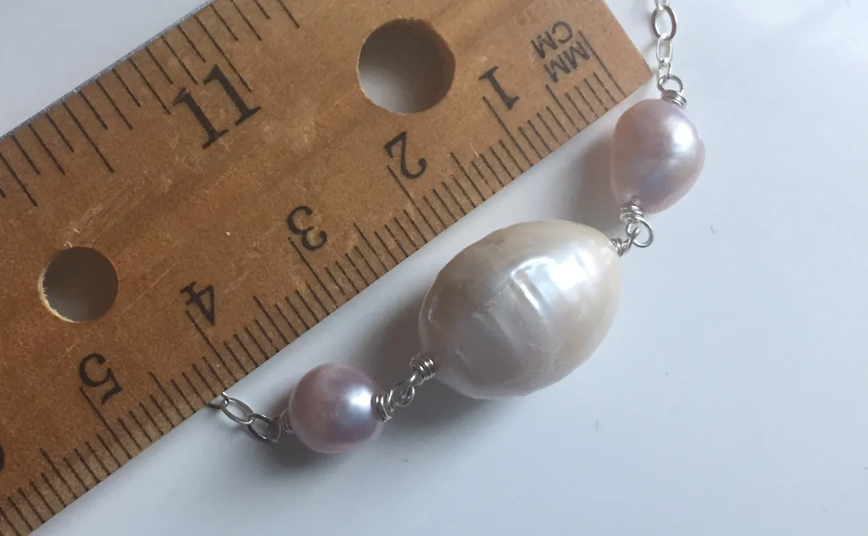 Baroque White and Pink Pearl Necklace, Sterling, Gold, or Rose Gold