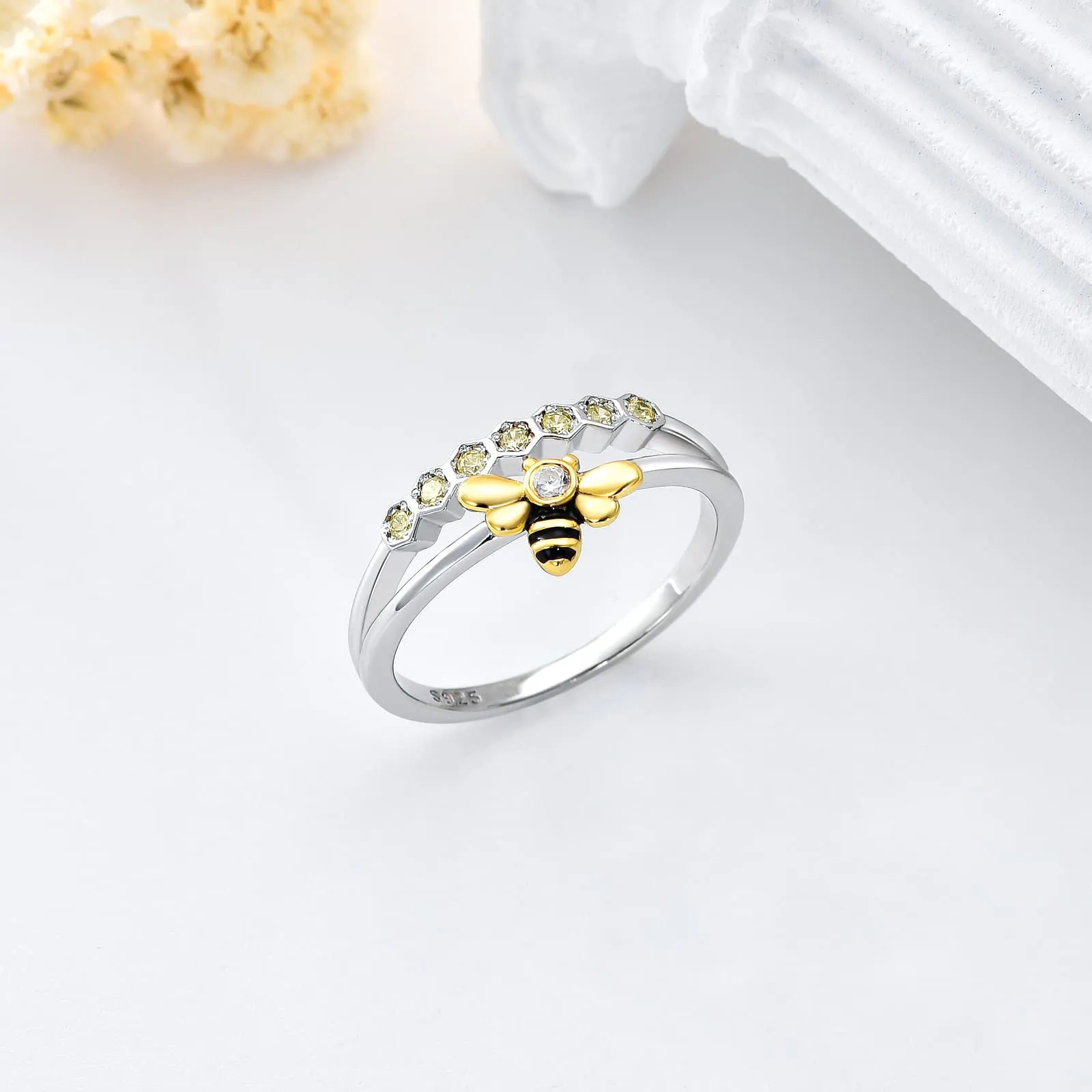 Bee Ring Sterling Silver Bee Band Ring with Cubic Zirconia Promise Ring Gift for Women Girl