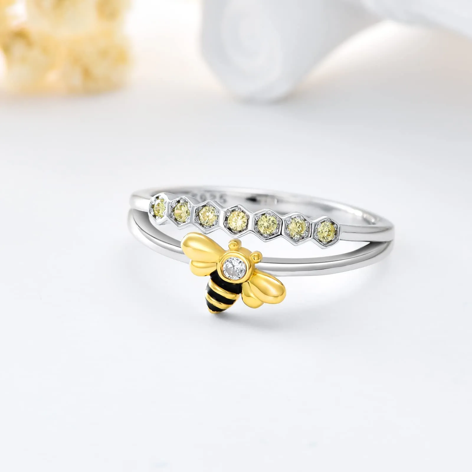 Bee Ring Sterling Silver Bee Band Ring with Cubic Zirconia Promise Ring Gift for Women Girl