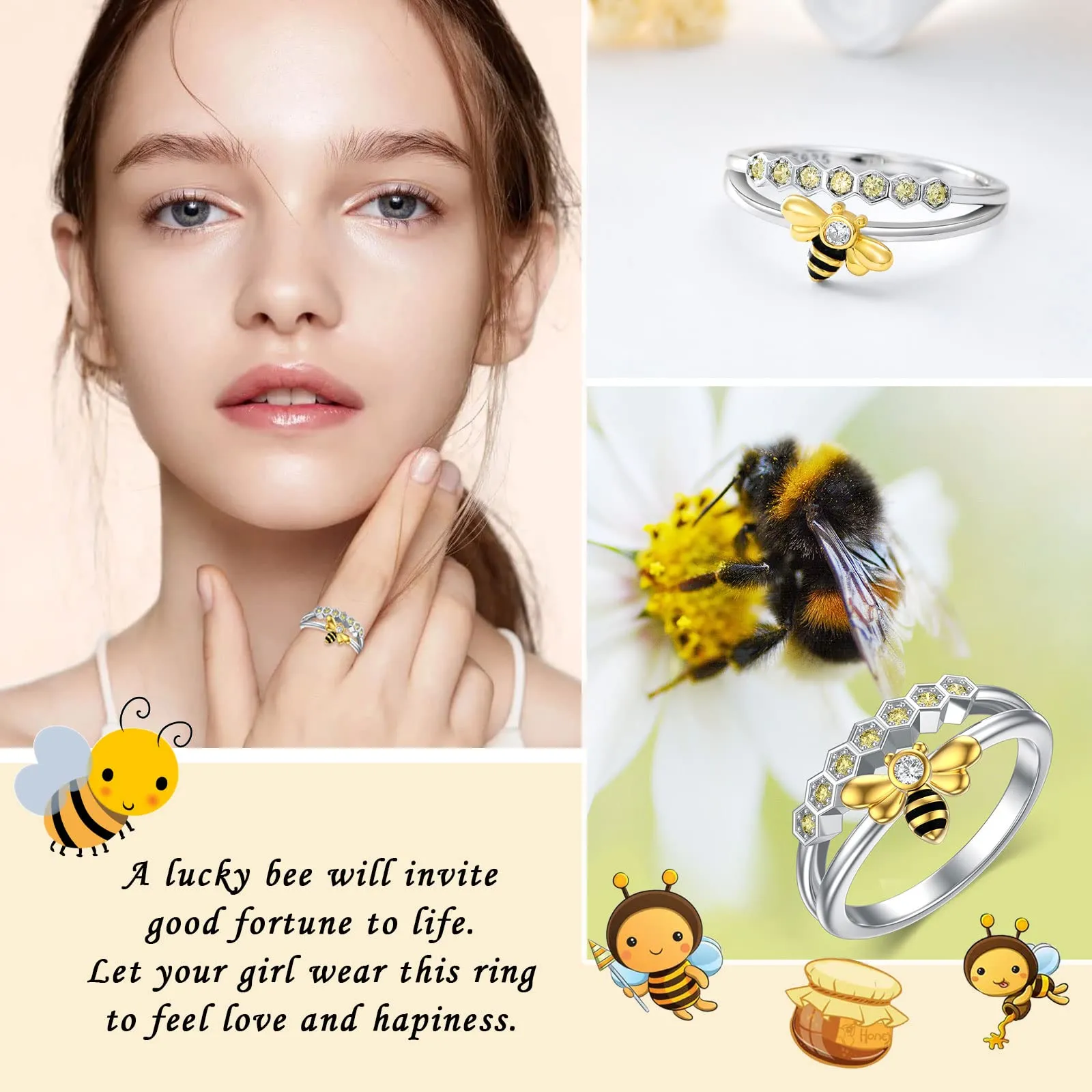 Bee Ring Sterling Silver Bee Band Ring with Cubic Zirconia Promise Ring Gift for Women Girl