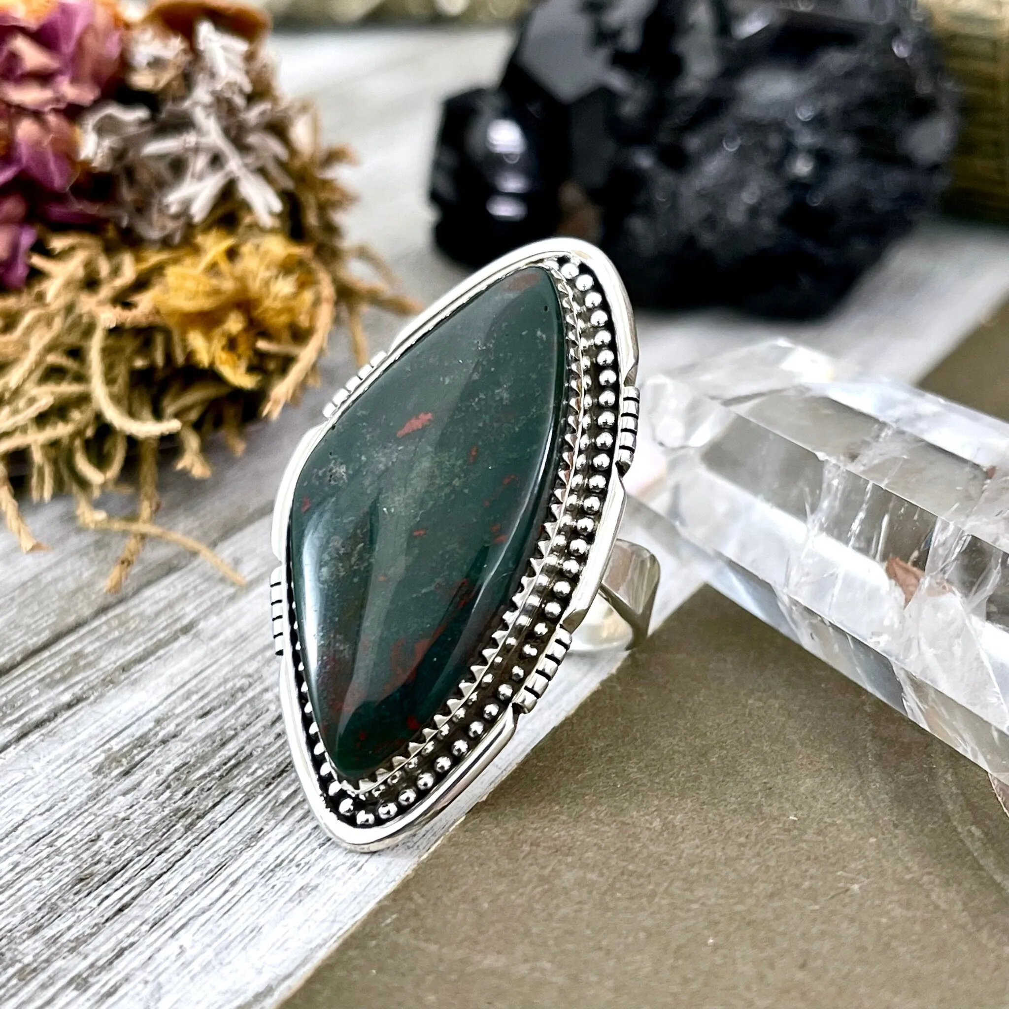 Big Bloodstone Crystal Statement Ring in Sterling Silver - Designed by FOXLARK Collection Adjustable to Size 6 7 8 9 | Green Stone