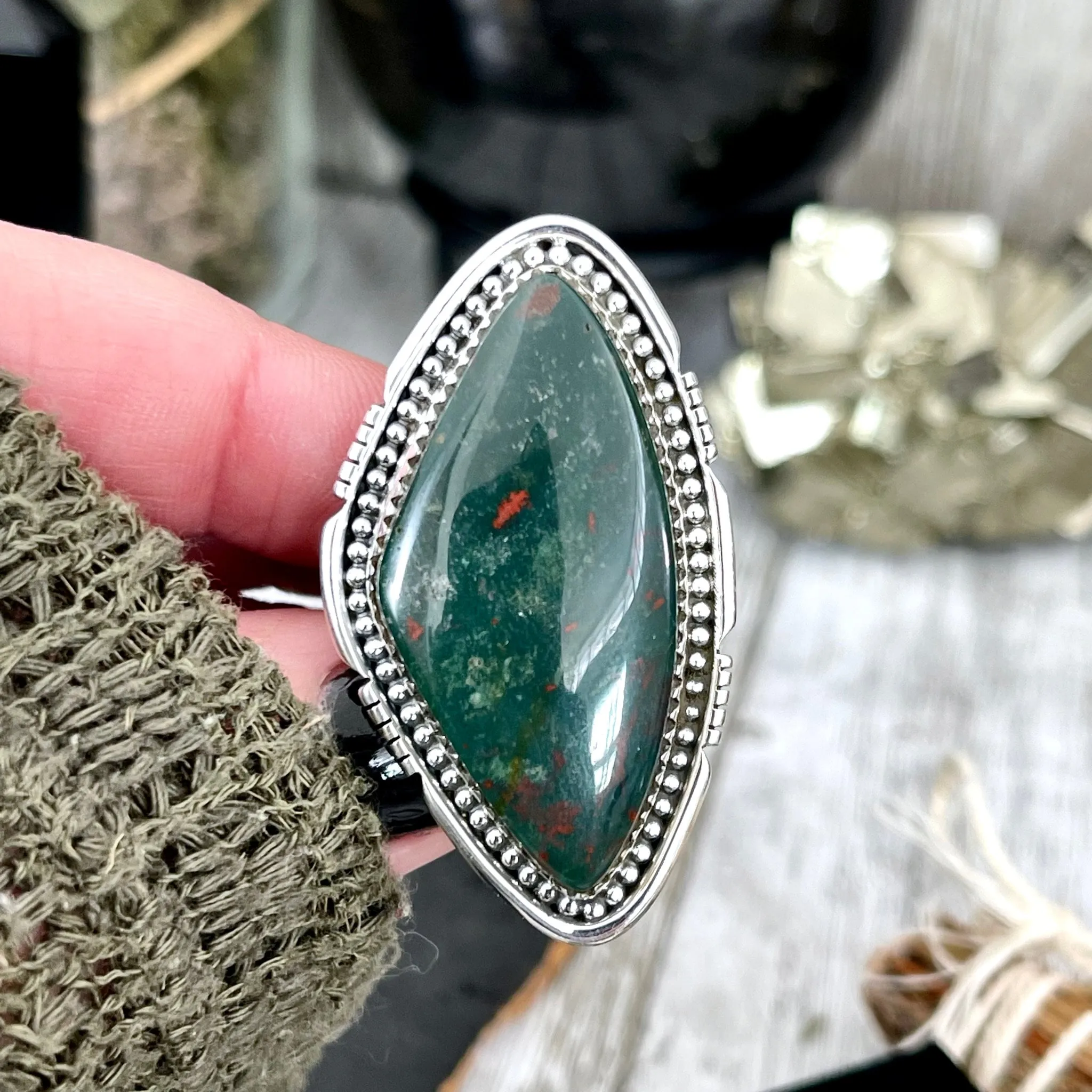 Big Bloodstone Crystal Statement Ring in Sterling Silver - Designed by FOXLARK Collection Adjustable to Size 6 7 8 9 | Green Stone