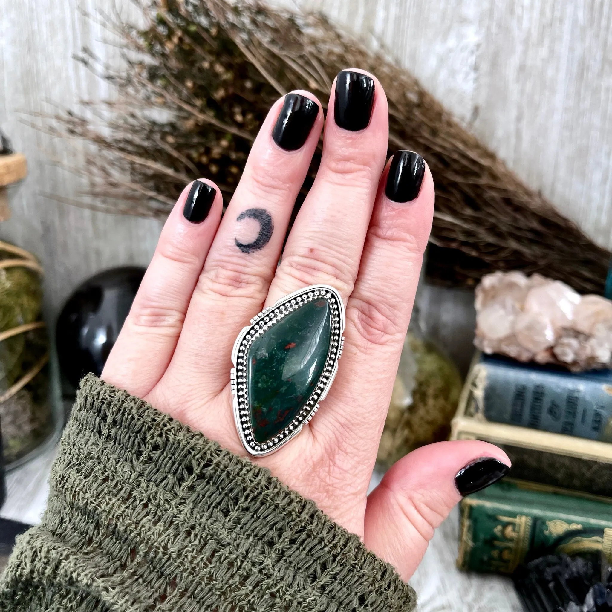 Big Bloodstone Crystal Statement Ring in Sterling Silver - Designed by FOXLARK Collection Adjustable to Size 6 7 8 9 | Green Stone