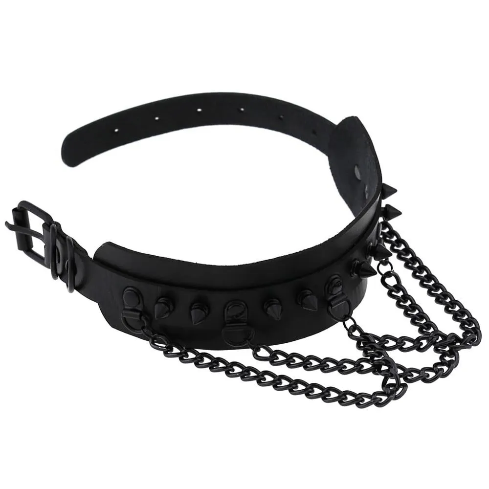 Black Spike Stud and Chain Link Collar Choker Leather Gothic Steampunk Necklace