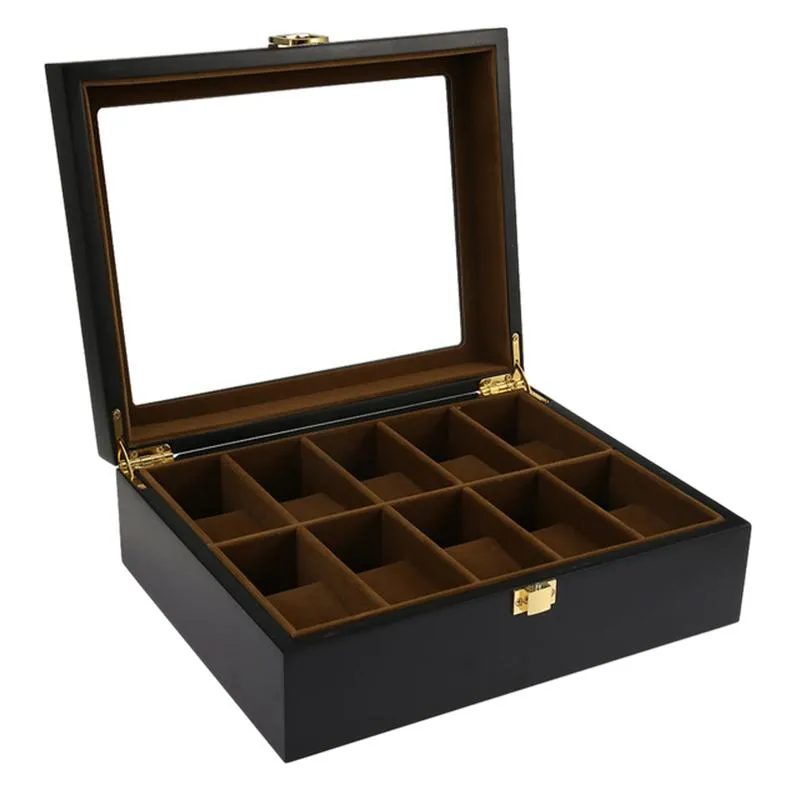 Black Wooden Watch Box Jewelry and Watch Organizer 10 Grids