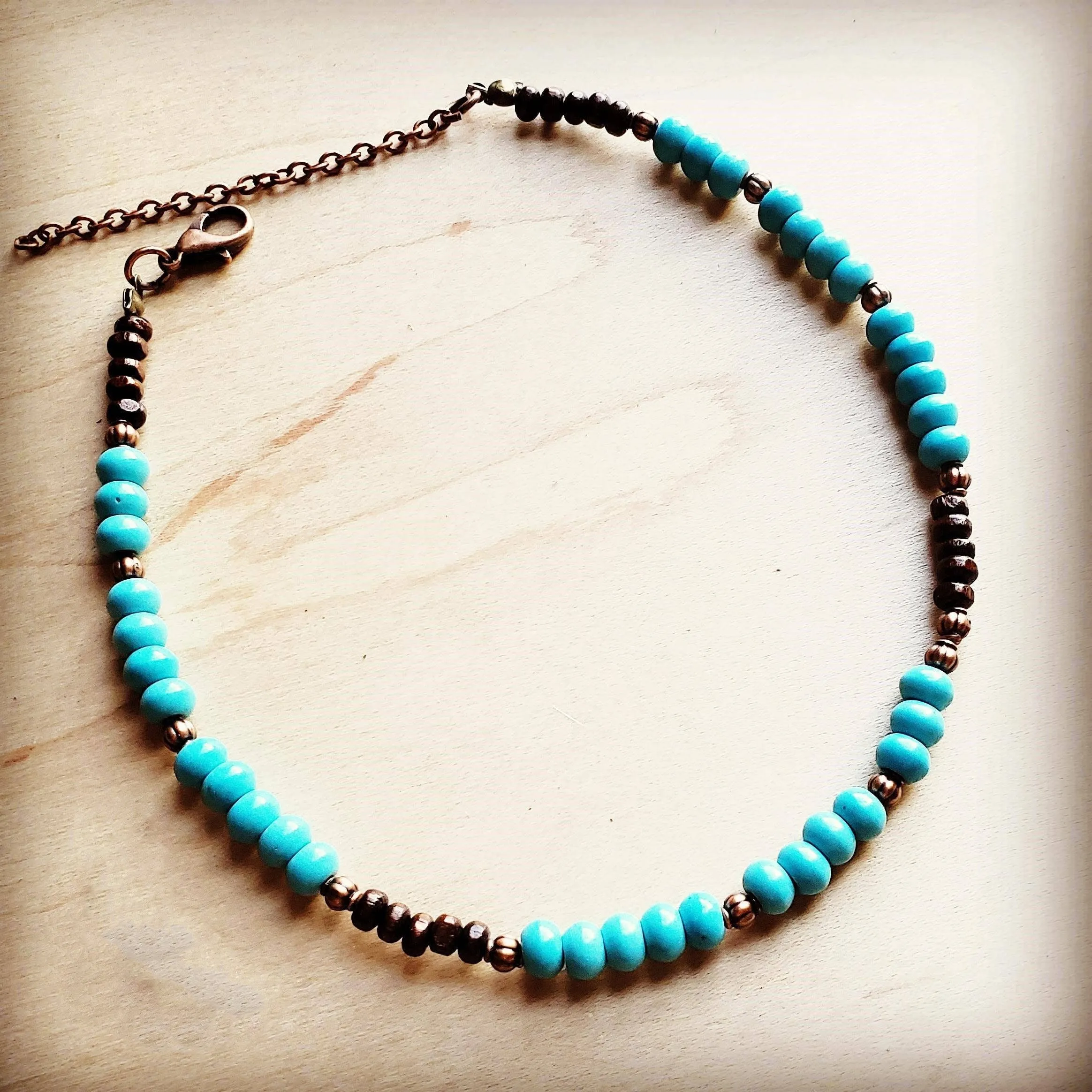 Blue Turquoise, Wood and Copper Beads Choker Necklace