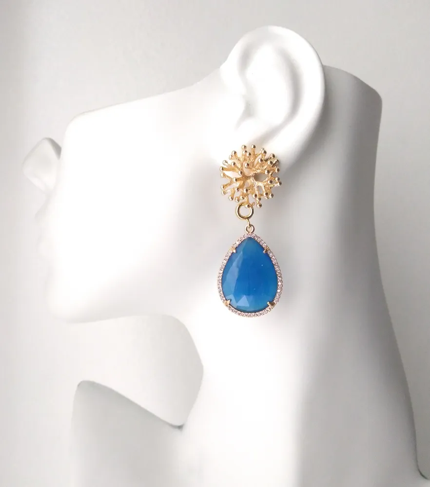 Branch Coral Brass Stud with Haloed Cobalt Blue Quartz Earrings