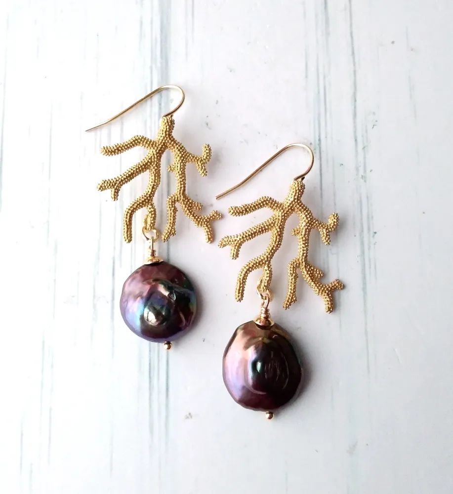 Branch Coral with Freshwater Pearl Drop Earrings