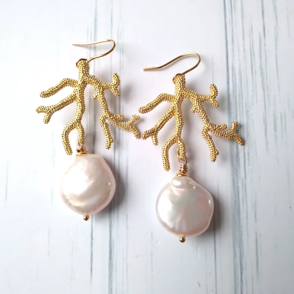 Branch Coral with Freshwater Pearl Drop Earrings