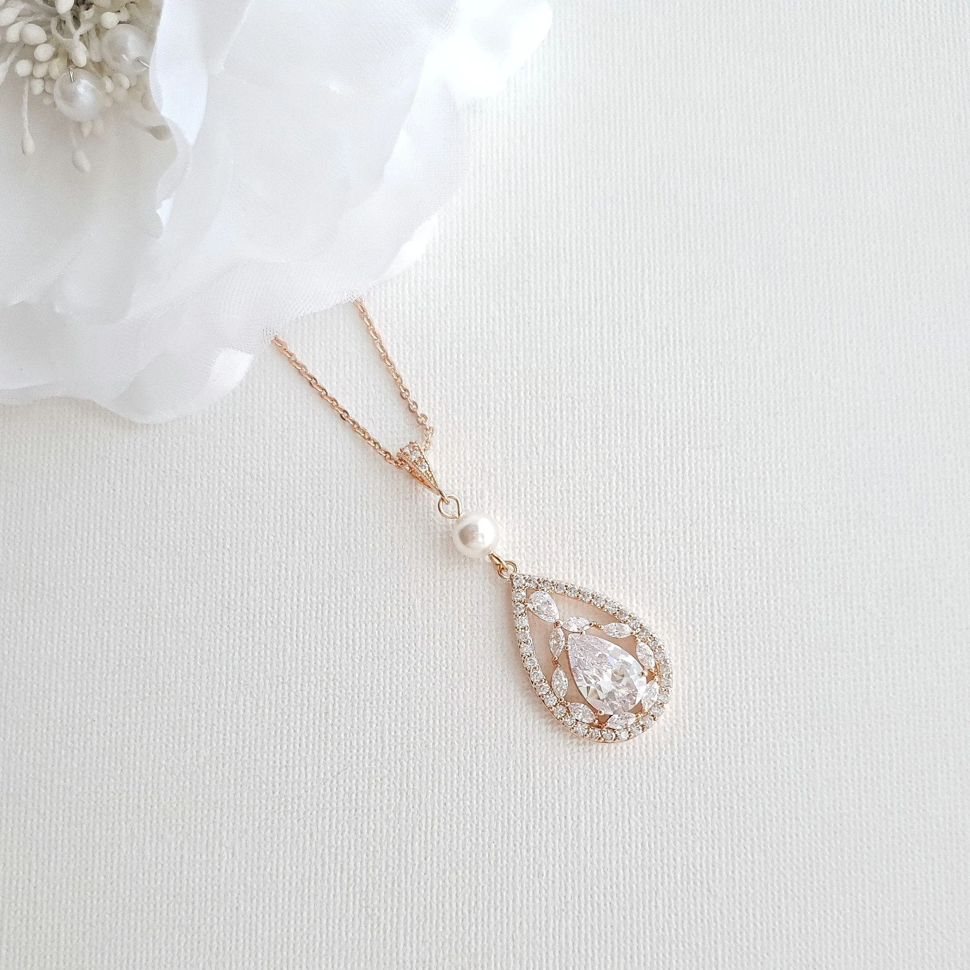 Bridal Pendant Necklace with Teardrop CZ Crystals-Esther