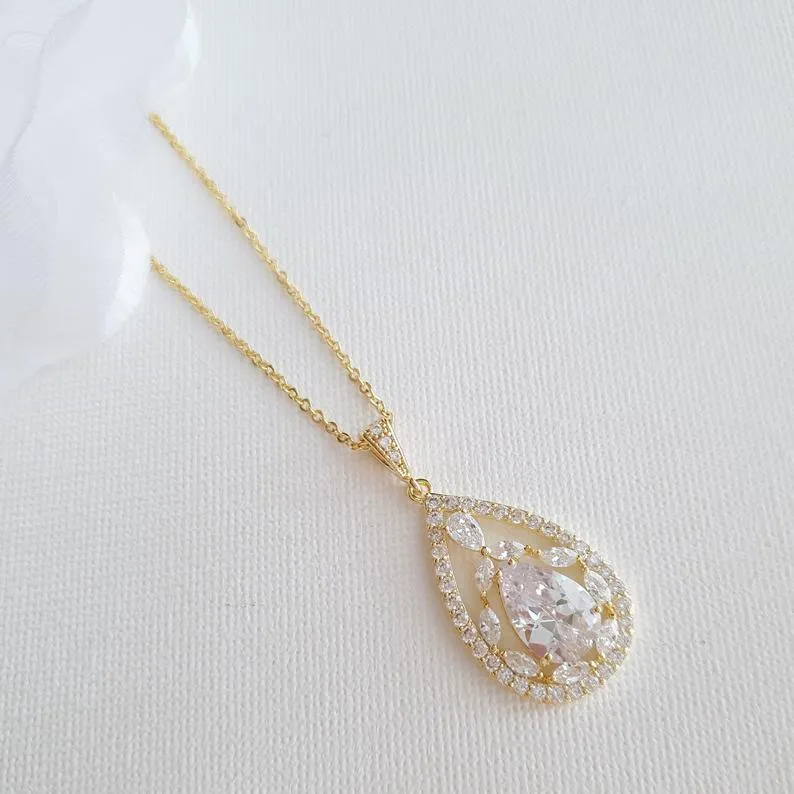 Bridal Pendant Necklace with Teardrop CZ Crystals-Esther