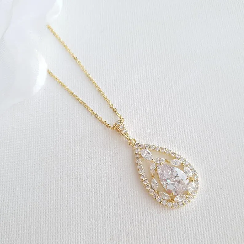 Bridal Pendant Necklace with Teardrop CZ Crystals-Esther